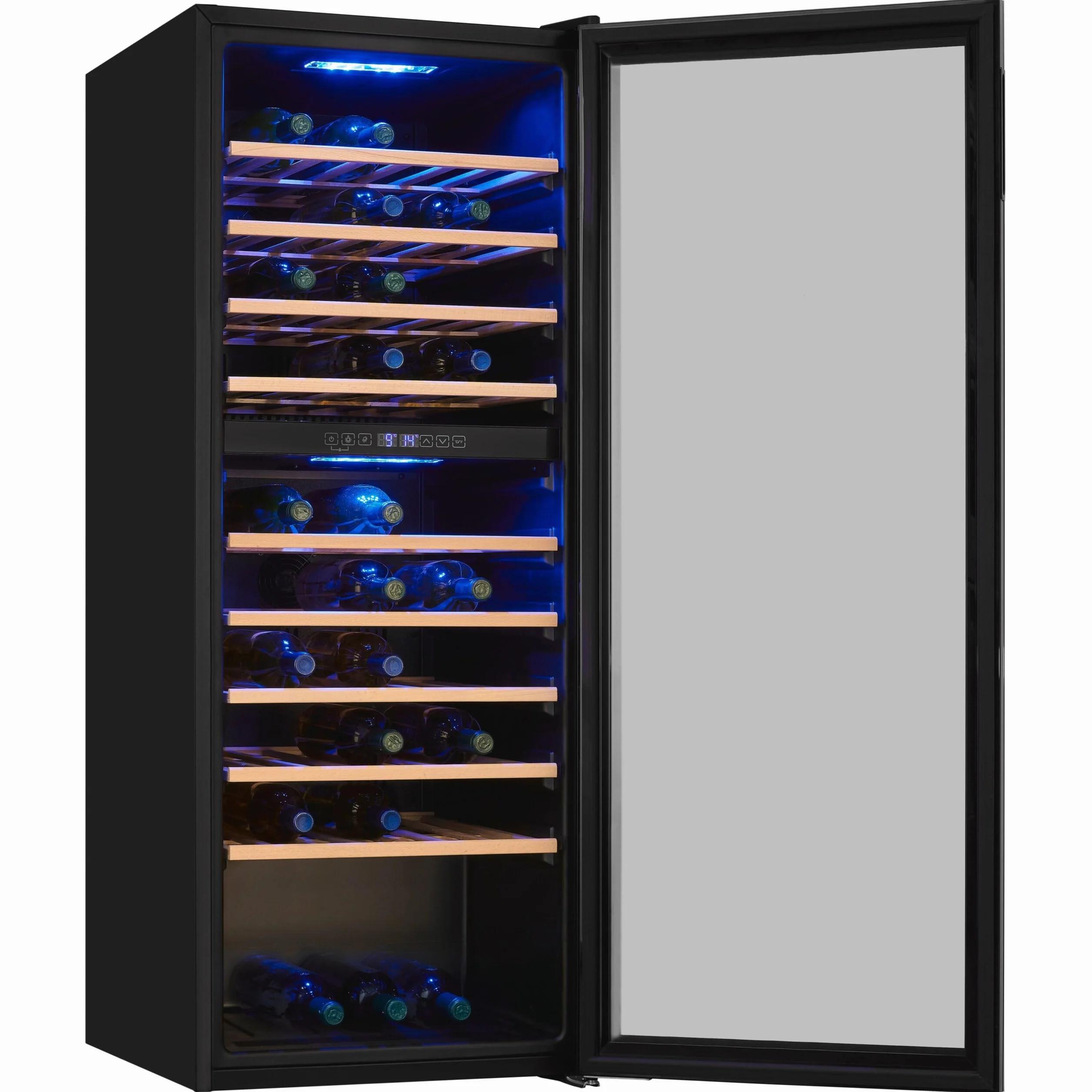Exquisit® Vinoteca para 78 Botellas, 194L, Negro, Clase G, Doble Zona de Temperatura 5-20°C, Control Digital, Puerta de Cristal Reversible, Iluminación LED, 9 Estantes, Medidas (128,5 x 49 x 57,5 cm)