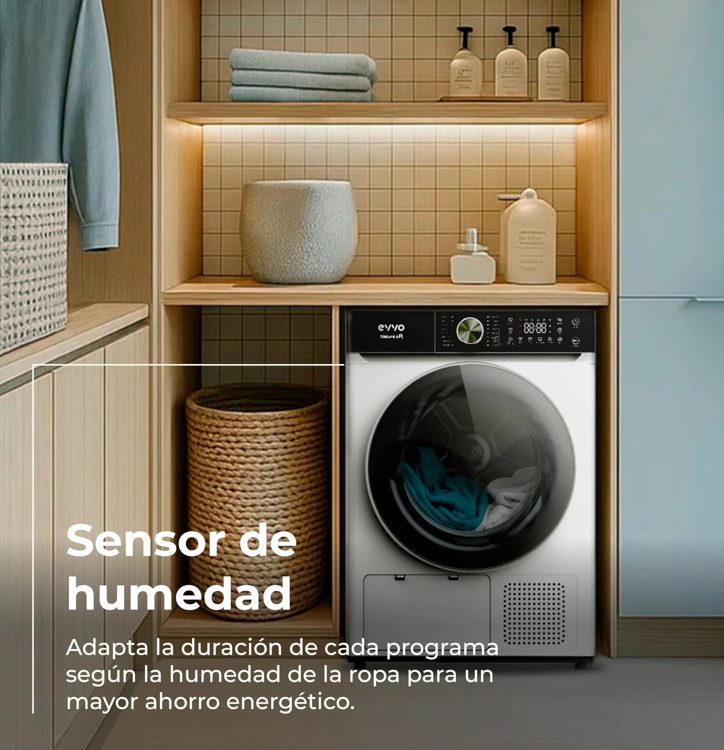 EVVO Secadora Bomba de Calor NATURE SR - Capacidad 10 Kg, Bomba Calor, Efic. Energética E, Secadora Condensación, Sensor Humedad, Antiarrugas, Inicio Diferido, 16 Programas, Bajo Consumo (Blanca)