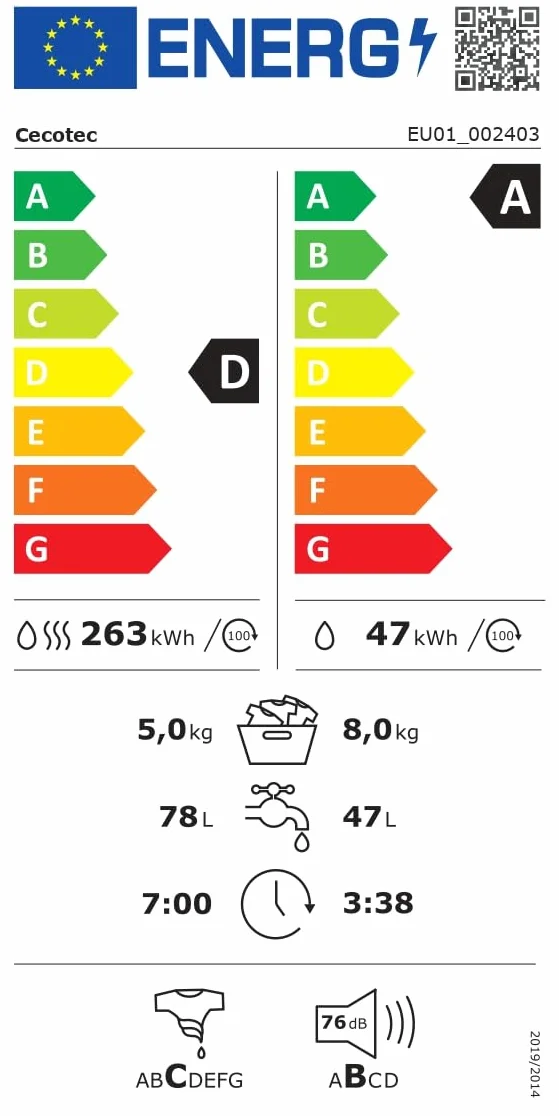Cecotec Bolero Wash&Dry 8580 Lavadora Secadora 8.5kg Carga Frontal 1400RPM Inverter Ice Blue