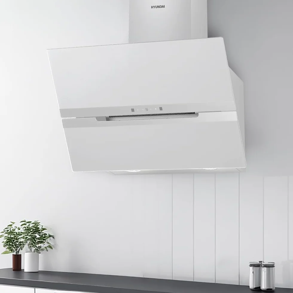 Hyundai Campana Extractora Decorativa Inclinada 70cm, Cristal Blanco, HCDE70DCW00. Potencia 831m3/h, 3 Velocidades, 2 Filtros, 64 dB Nivel Sonoro, Control Táctil, Filtros aptos para Lavavajillas