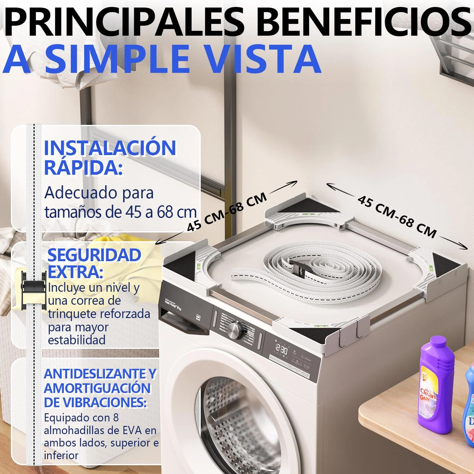 Slimline - Kit de apilamiento para Lavadora y Secadora, Marco Universal para electrodomésticos de 45-68 cm, diseño Que Ahorra Espacio con Correa de trinquete y 4 Ganchos multifunción (Blanco)