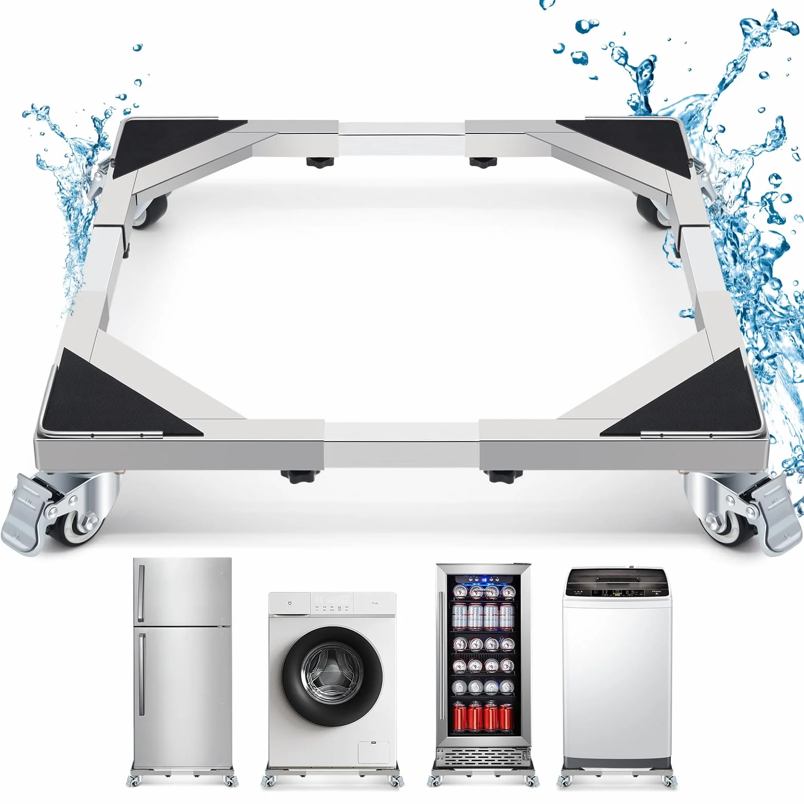 W B D WEIBIDA Acero Inoxidable Resistente Base para Lavadora con 4 Ruedas de Bloqueo, Capacidad 300KG Alta dureza Soporte Lavadora Secadora Ajustable de 54-72cm, Plataforma con Ruedas para Nevera