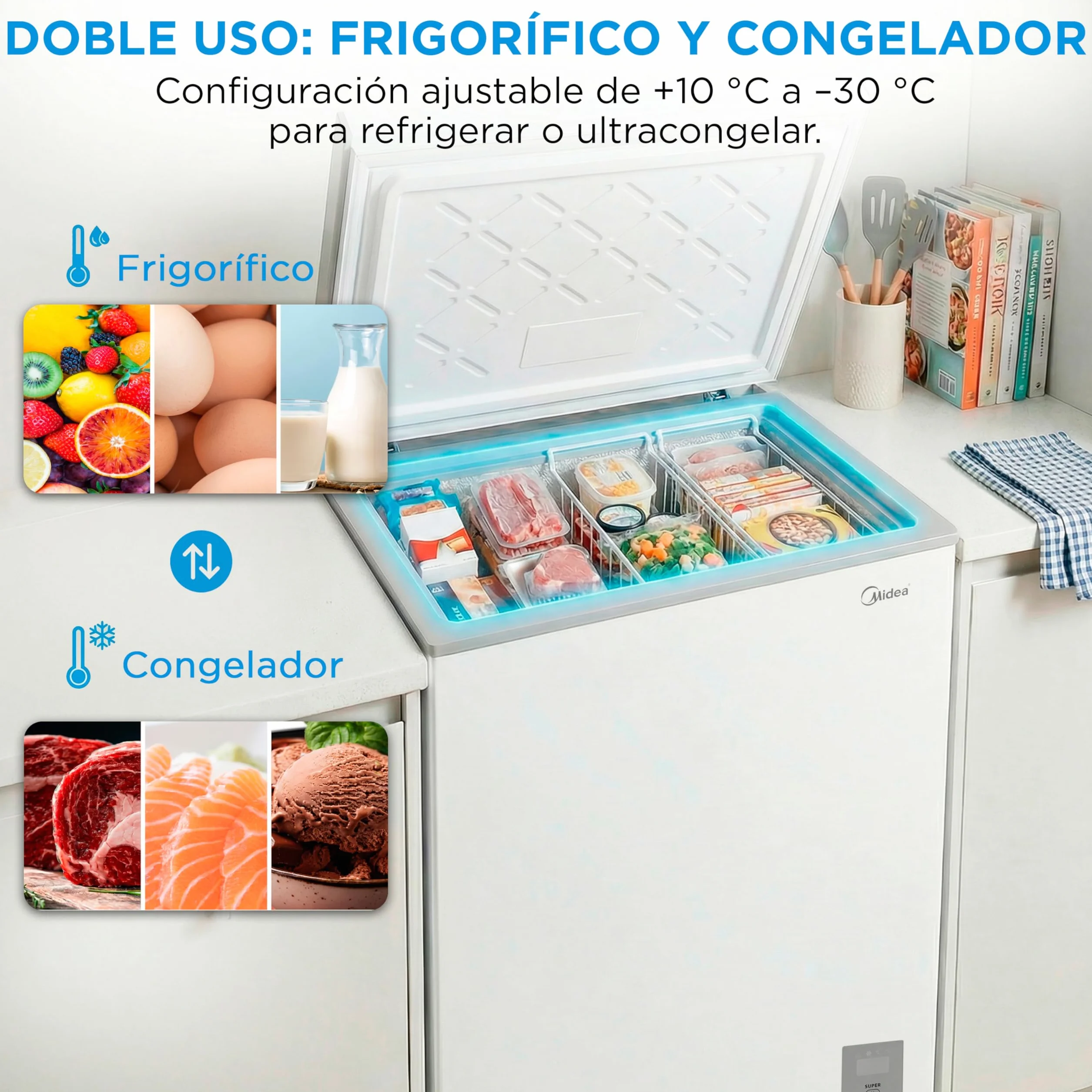 MIDEA Congelador Horizontal 143L Inverter Convertible Frigorífico Silencioso 37dB Bajo Consumo