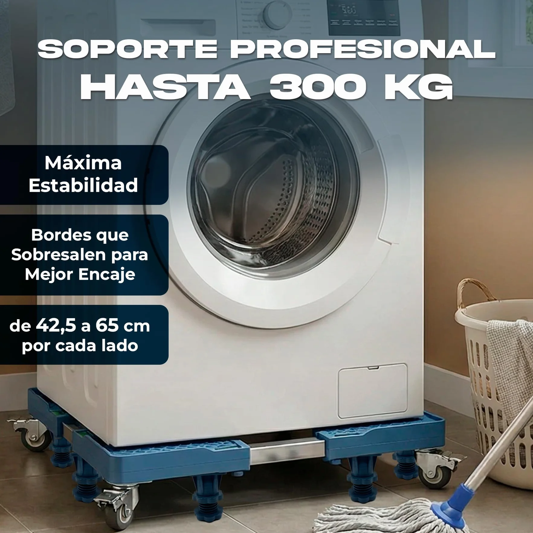 Base Regulable Carro para Lavadora con Ruedas Cia&Co – Soporte Ajustable 42,5–65 cm – Plataforma Móvil profesional hasta 300 kg – Para Frigorífico, Secadora y Electrodomésticos (BASE + 4 RUEDAS)