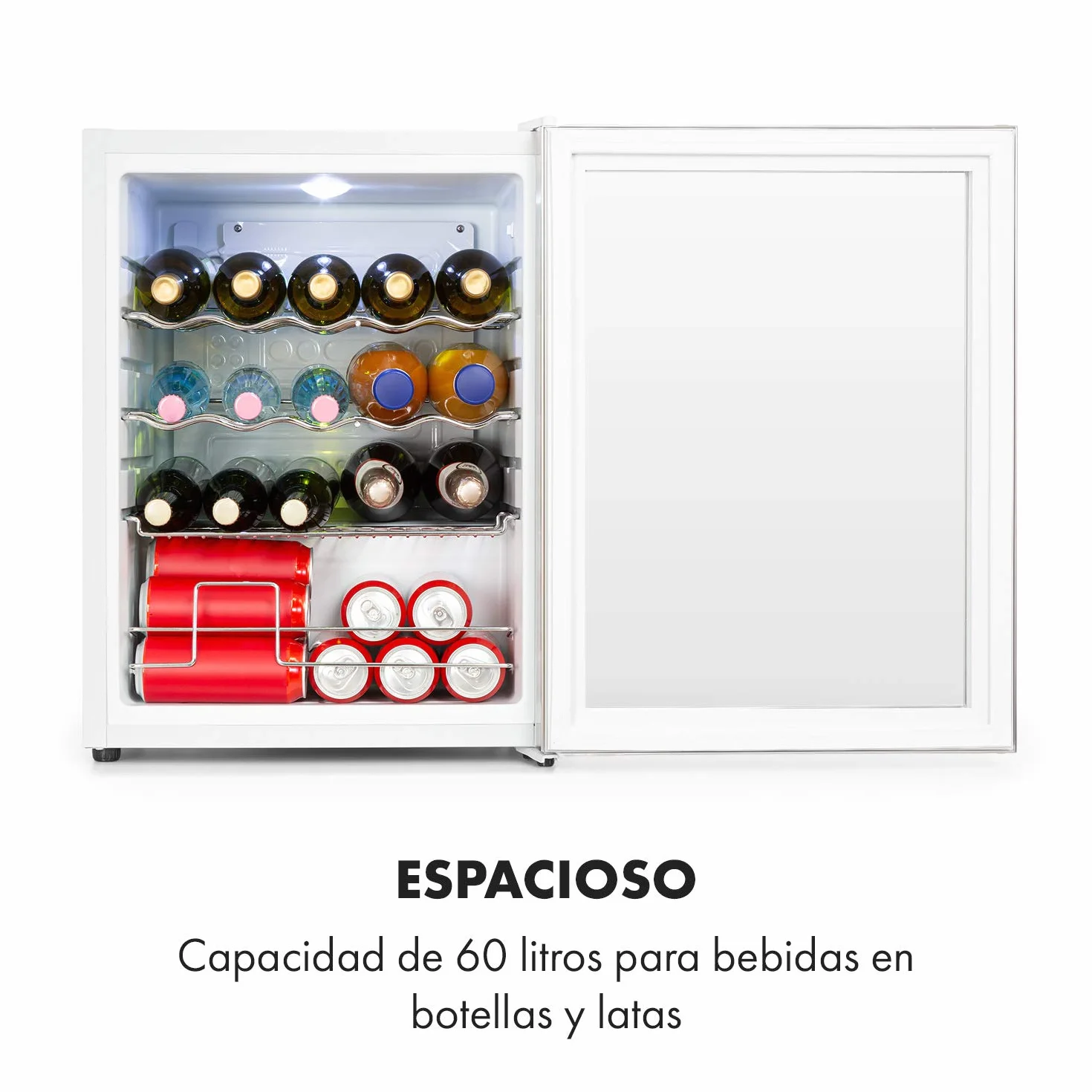 KLARSTEIN Nevera Pequeña Portatil Electrica para Bebidas, Mini Frigorifico con Estantes y Puerta de Cristal Habitaciones, 60L