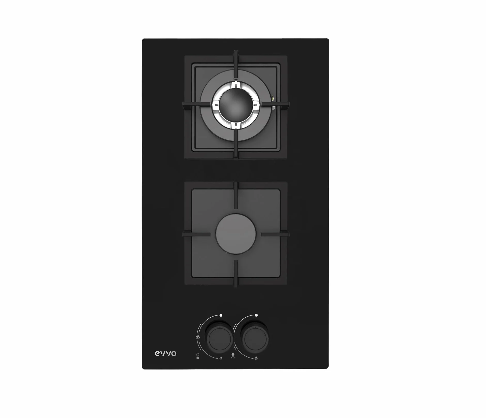 Placa de Gas EVVO V35 Glass, 2 Quemadores (Wok + Semirrápido), 3,6 kW, Cristal Templado Negro, Encendido Eléctrico, Compatible Gas Natural y Butano