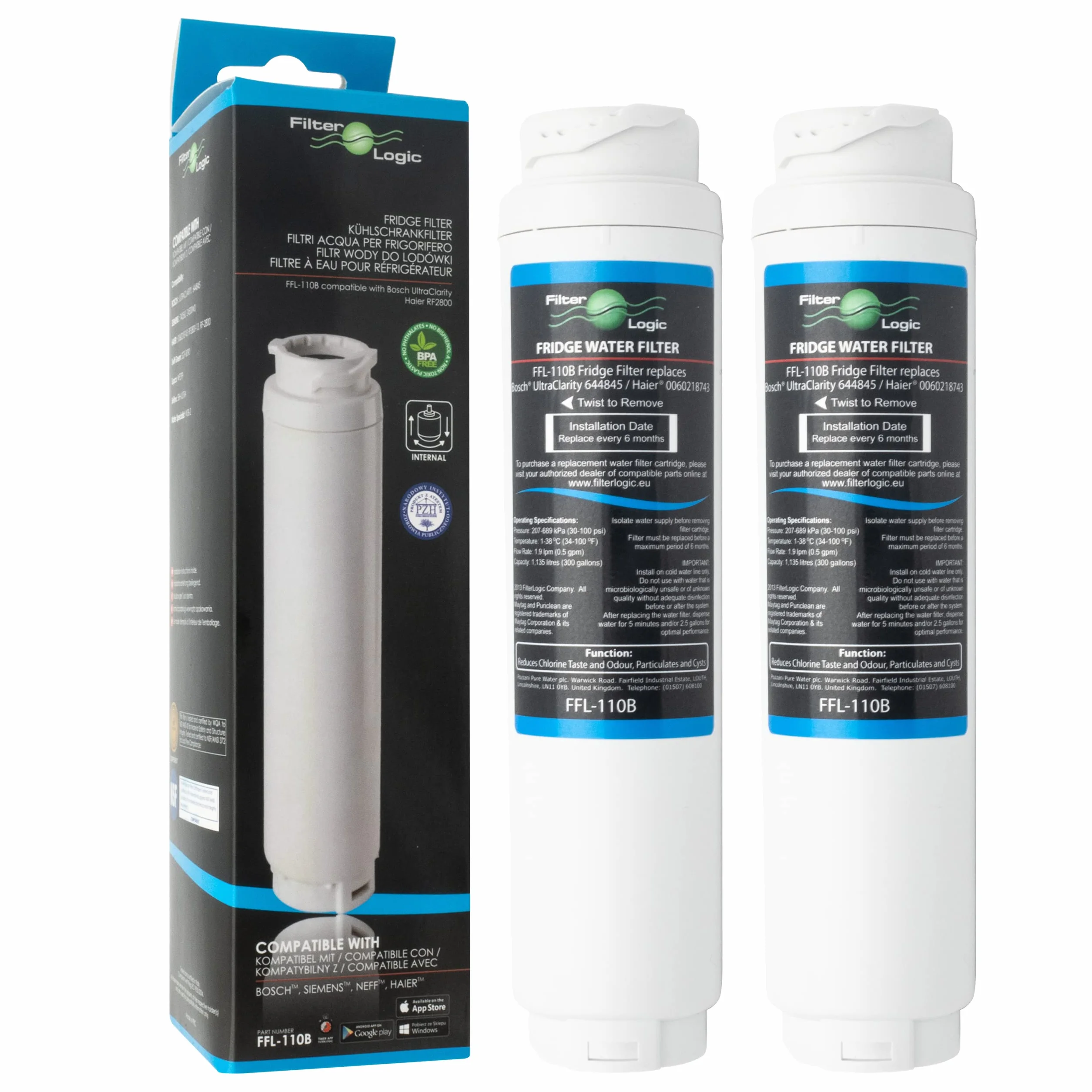 2 filtros de agua FilterLogic FFL-110B compatibles con UltraClarity 00740560 740560/644845 para Bosch SIEMENS Neff Gaggenau MIELE/HAIER 0060820860 RF-2800-13 / Rangemaster Ultra Clarity