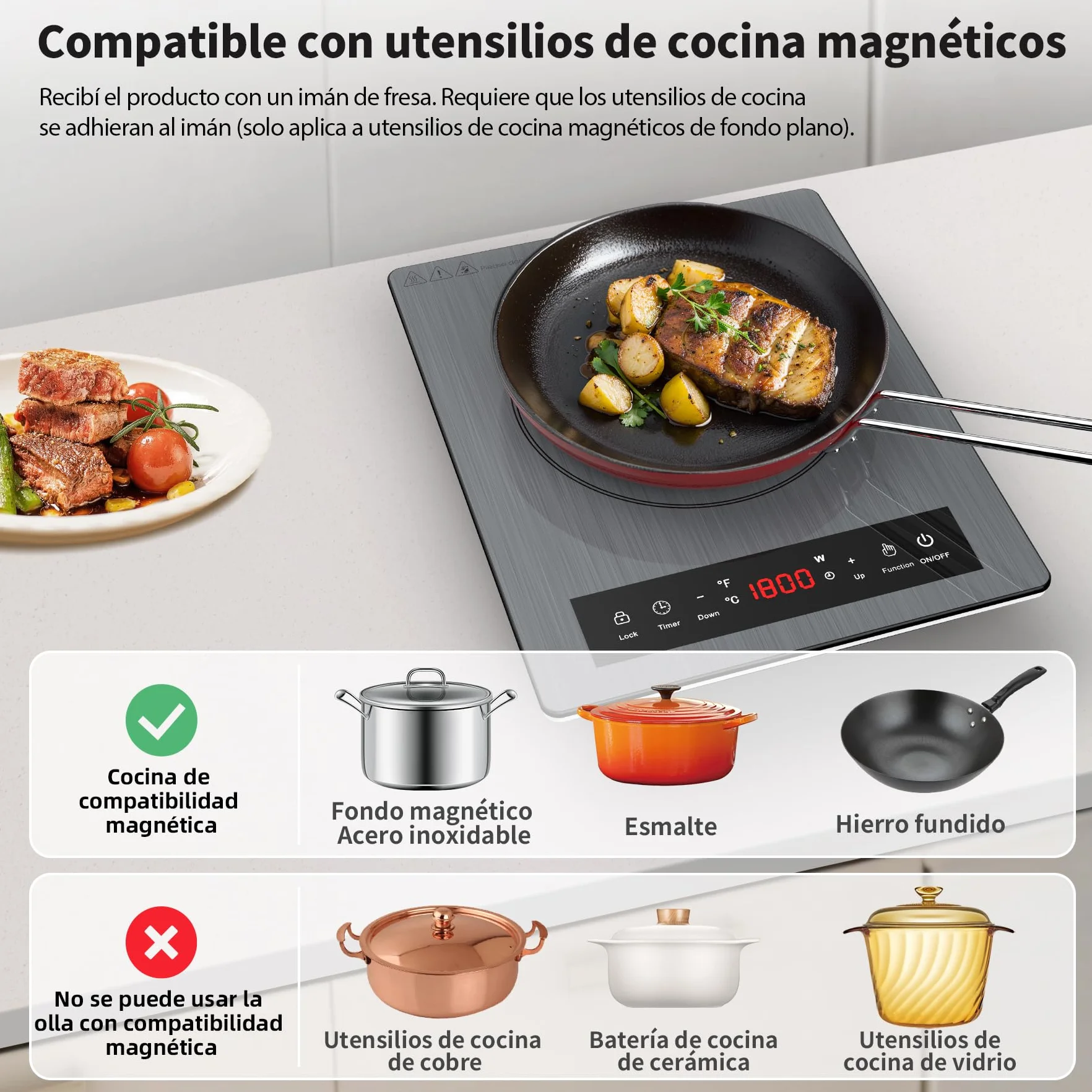 Placa de Inducción Portátil 1800W, 10 Niveles de Calentamiento, Temporizador, Bloqueo para Niños