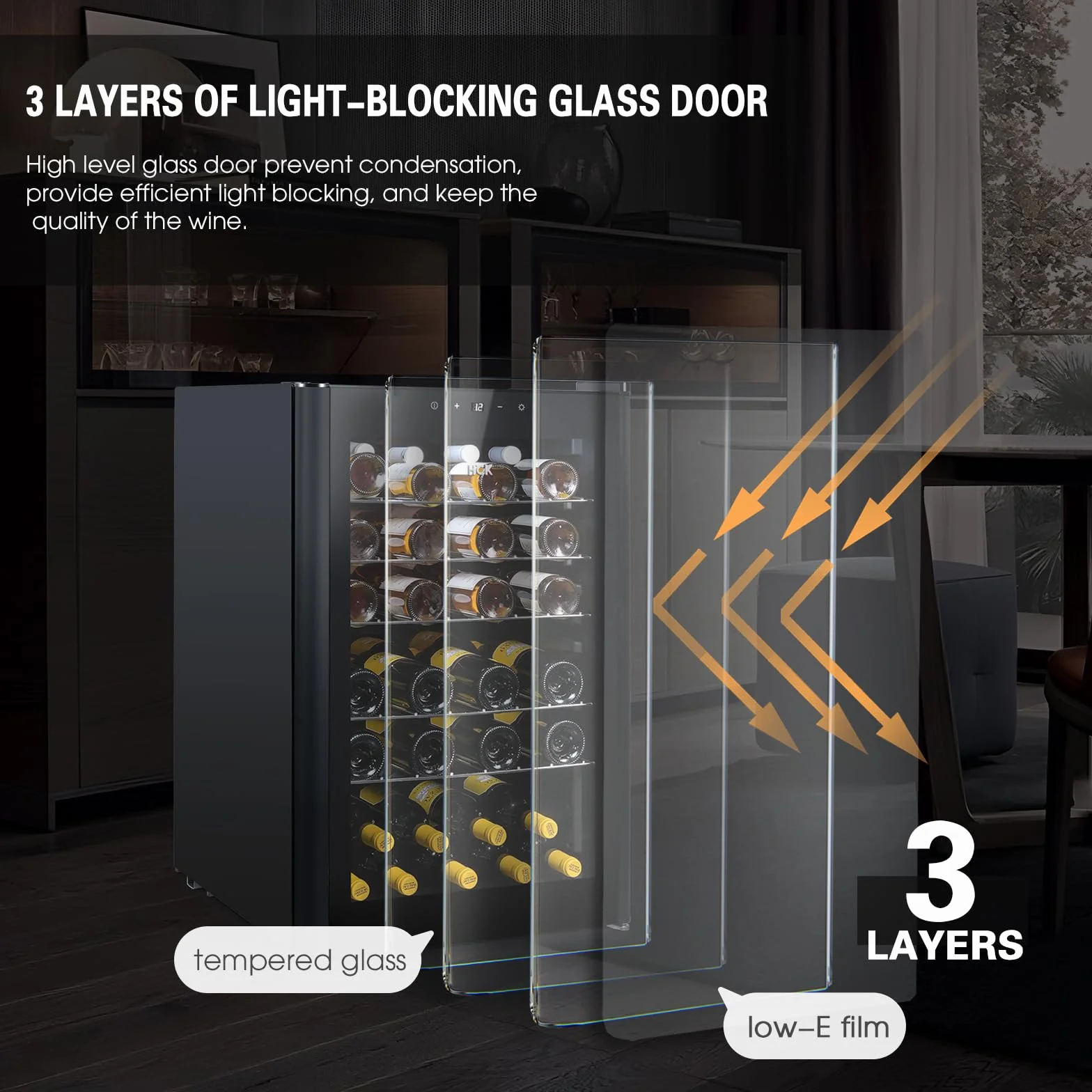 HCK Vinoteca, Nevera para Vinos 1 Zona de Refrigeración, 48 Botellas, 115 L, 4-22°C, Pequeña Nevera de 85 cm de Altura Con Panel Táctil, Silenciosa con Puerta de Vidrio, Negro