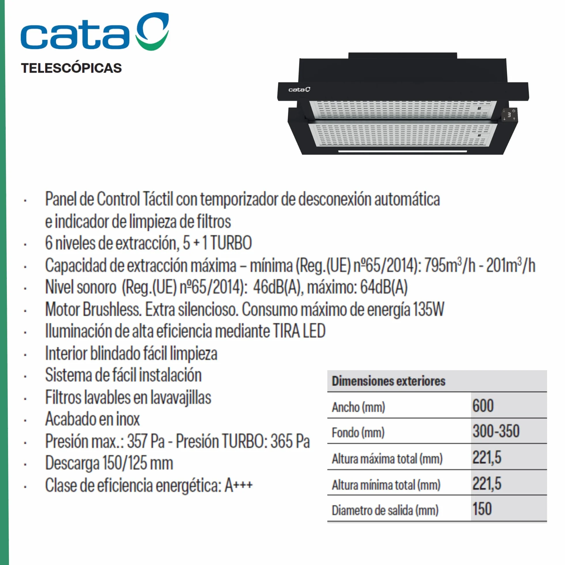 Cata Campana Extractora Telescópica TFH 6830 GBK 5+1 TURBO Motor Burshless Extra Silencioso Tira LED Fácil Instalacion y Limpieza Acabado Inox