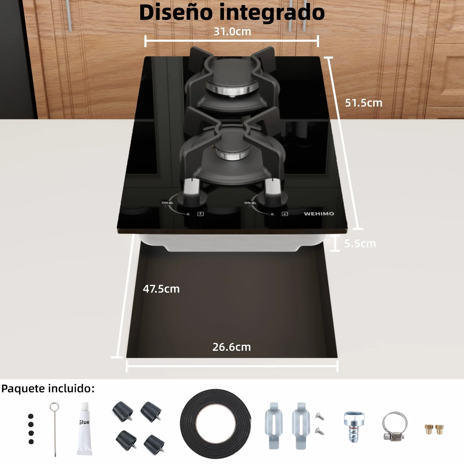 WEHIMO - Placa de cocina de gas de 2 fuegos, 2 fuegos empotrable, rejilla hierro fundido, 3700 W, gas ciudad y botella, cristal negro