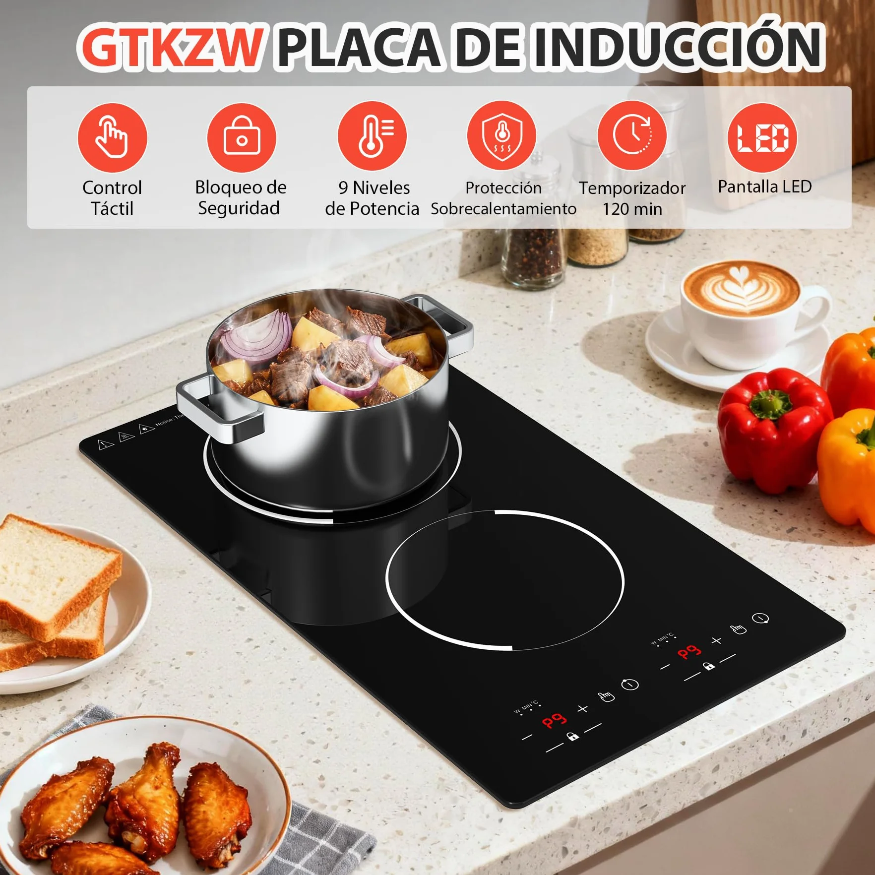 Placa de Inducción 2 Fuegos 3000W, Placa de Cocción Eléctrica 220-240V 51cm con 9 Niveles de Potencia y Temperatura, Temporizador & Indicador de Calor Residual - Encastrable o de Sobremesa