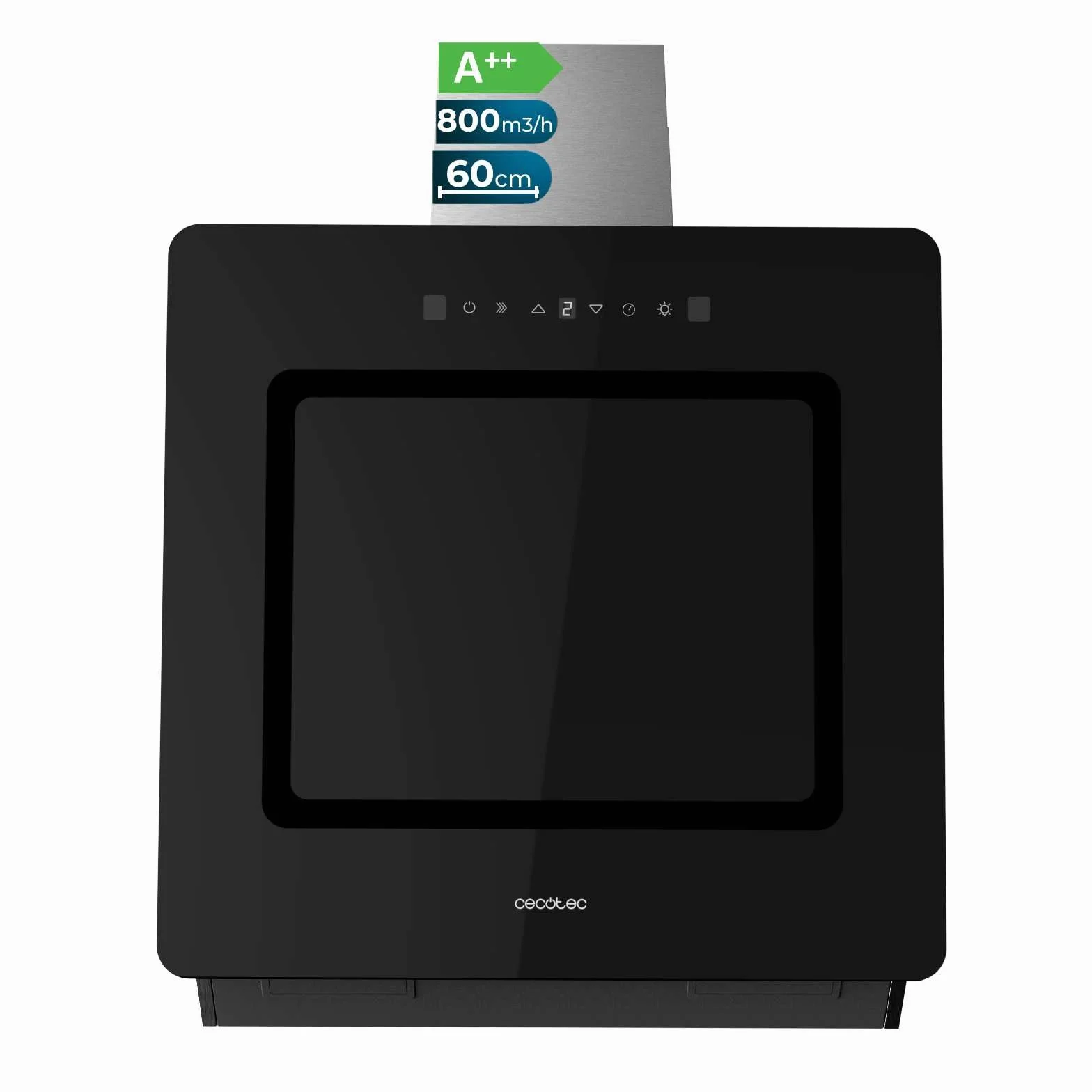 Cecotec Campana Extractora Decorativa 60 cm Bolero Flux DT 608002 Glass Black A++, 210W, Iluminación LED, Succión 800m3/h, Control Táctil, 3 Niveles, Filtro Carbono, Hand Movement, Delay Function