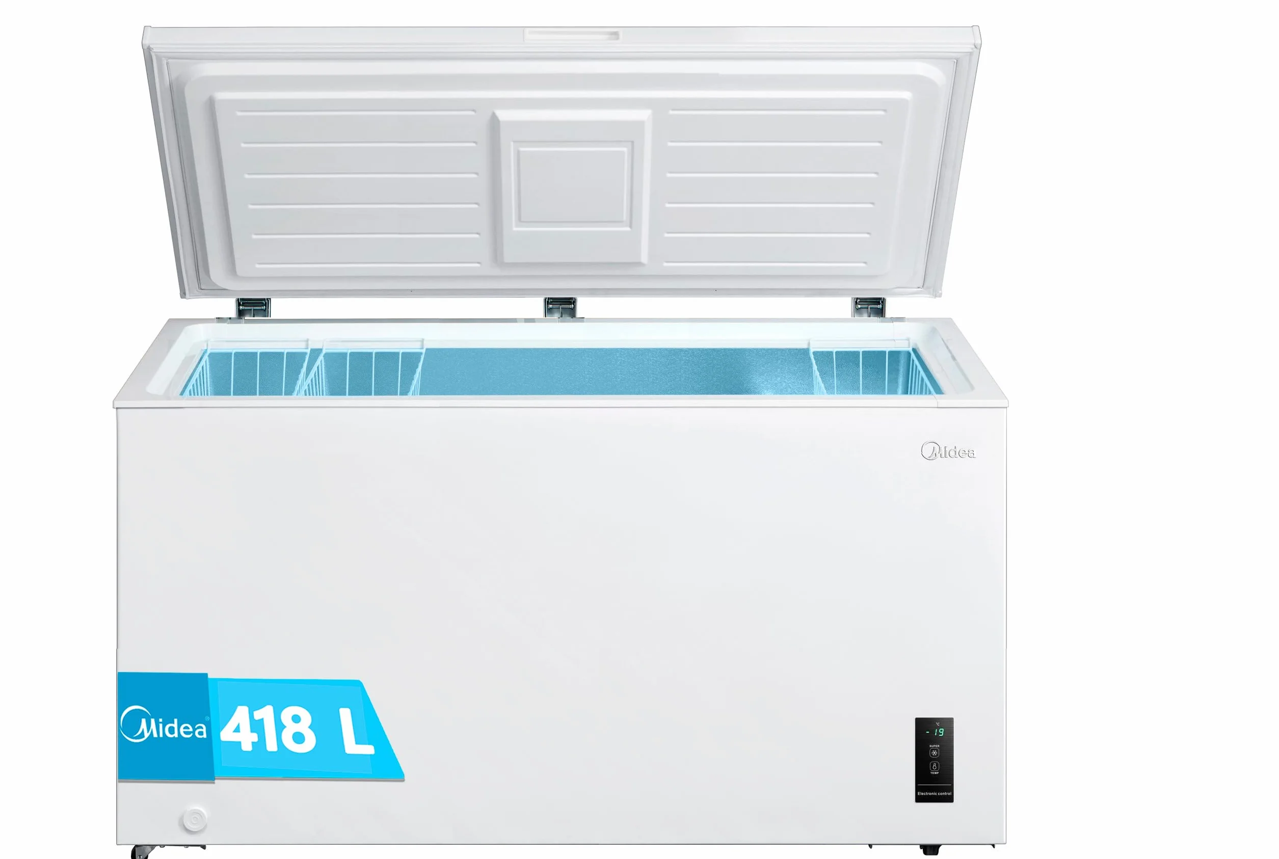 MIDEA Arcon Congelador Pequeño Horizontal de 418L, Motor Inverter, Control Electrónico de Temperatura, Tecnologia D-TYPE Tube, Cestas con Asa, Easy Move, Silencioso 39dBA, Bajo Consumo, Blanco