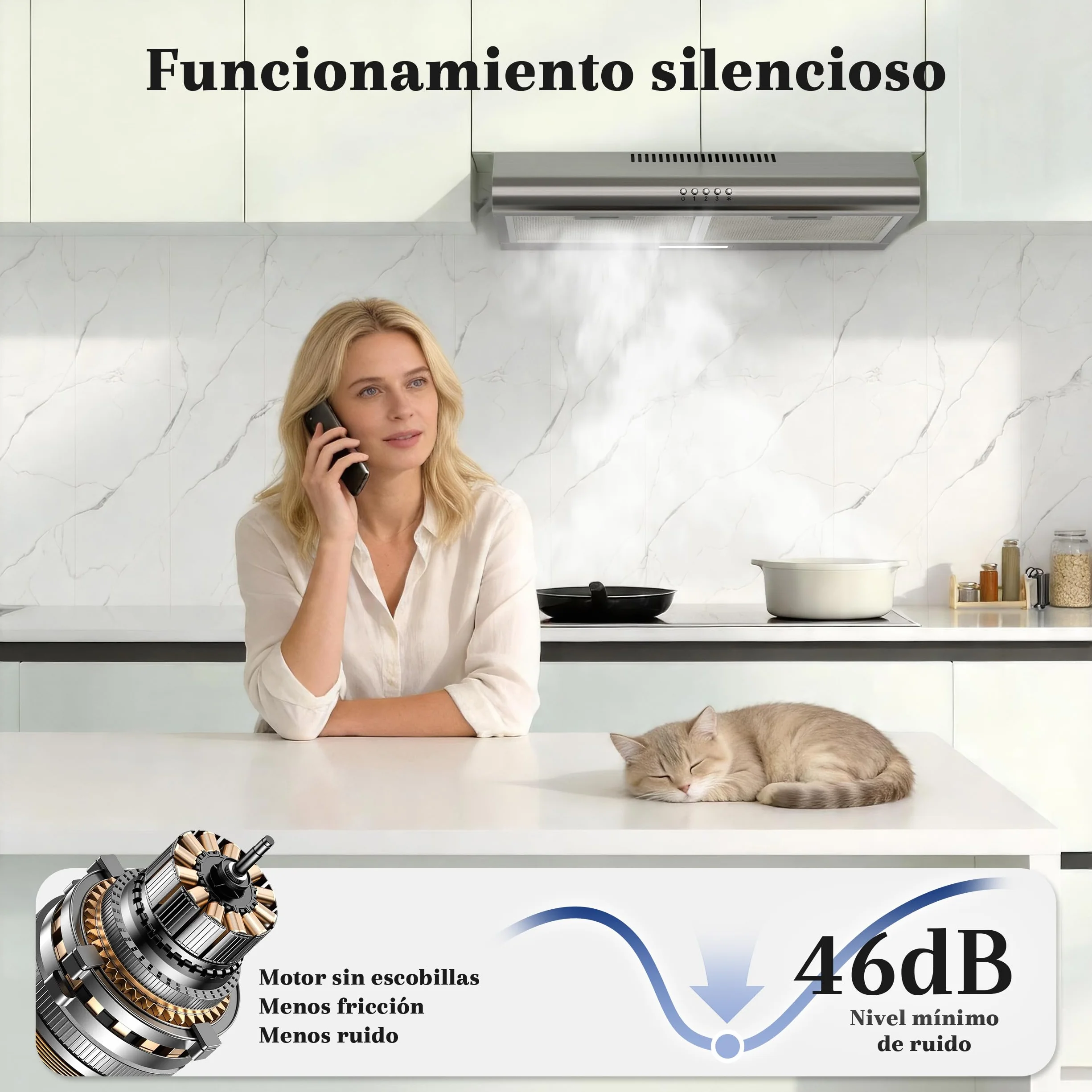 FIREGAS Campana Extractora 60cm A++, Motor Brushless Silencioso 46dB, Capacidad 319m³/h, Acero Inoxidable, Salida Superior/Trasera o Recirculación, Incluye 2 Filtros de Carbón
