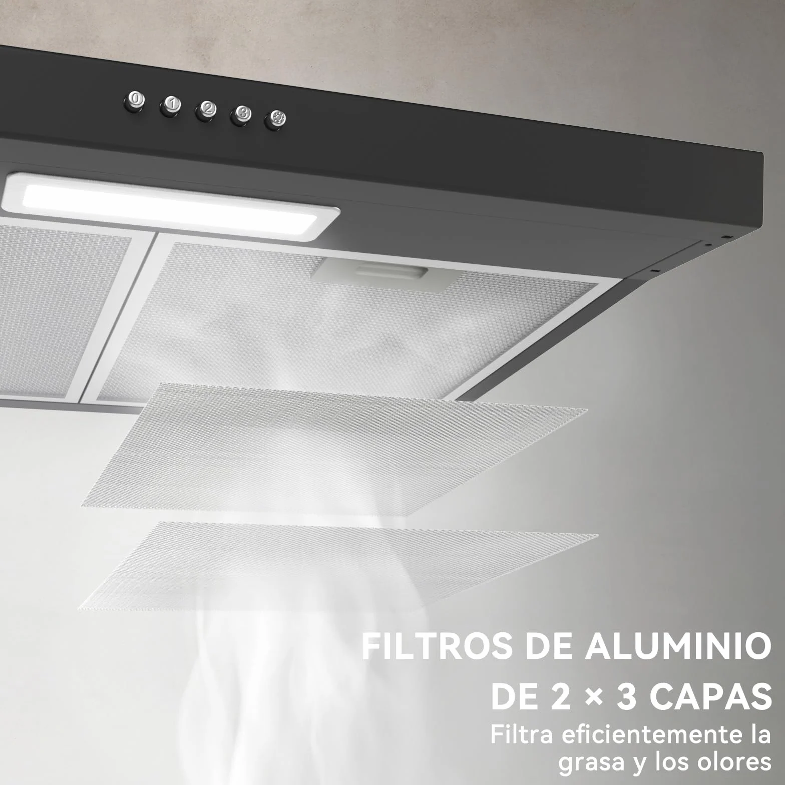 Hermitlux Campana Extractora de 60cm, 200m³/h, Evacuación/Recirculación, Iluminación LED, Incluye Filtro de Carbón Activado, Acero Inoxidable Negro