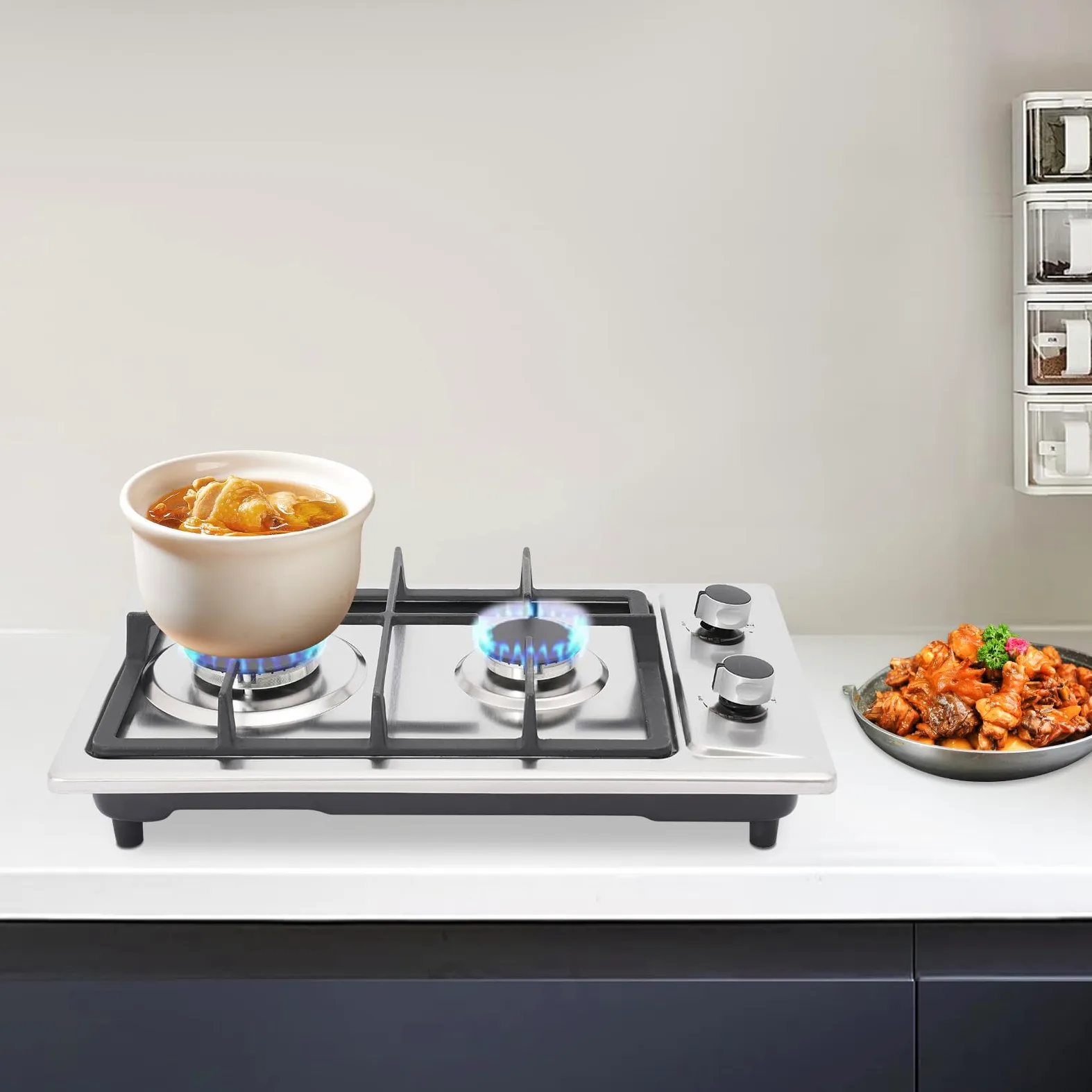 2 hornillos de gas empotrables, 3 kW + 1,75 kW, con boquilla reversible (LPG/NG), cocina de gas compacta de 51 x 31 cm, regulador independiente para camping, autocaravana y cocina (plata)
