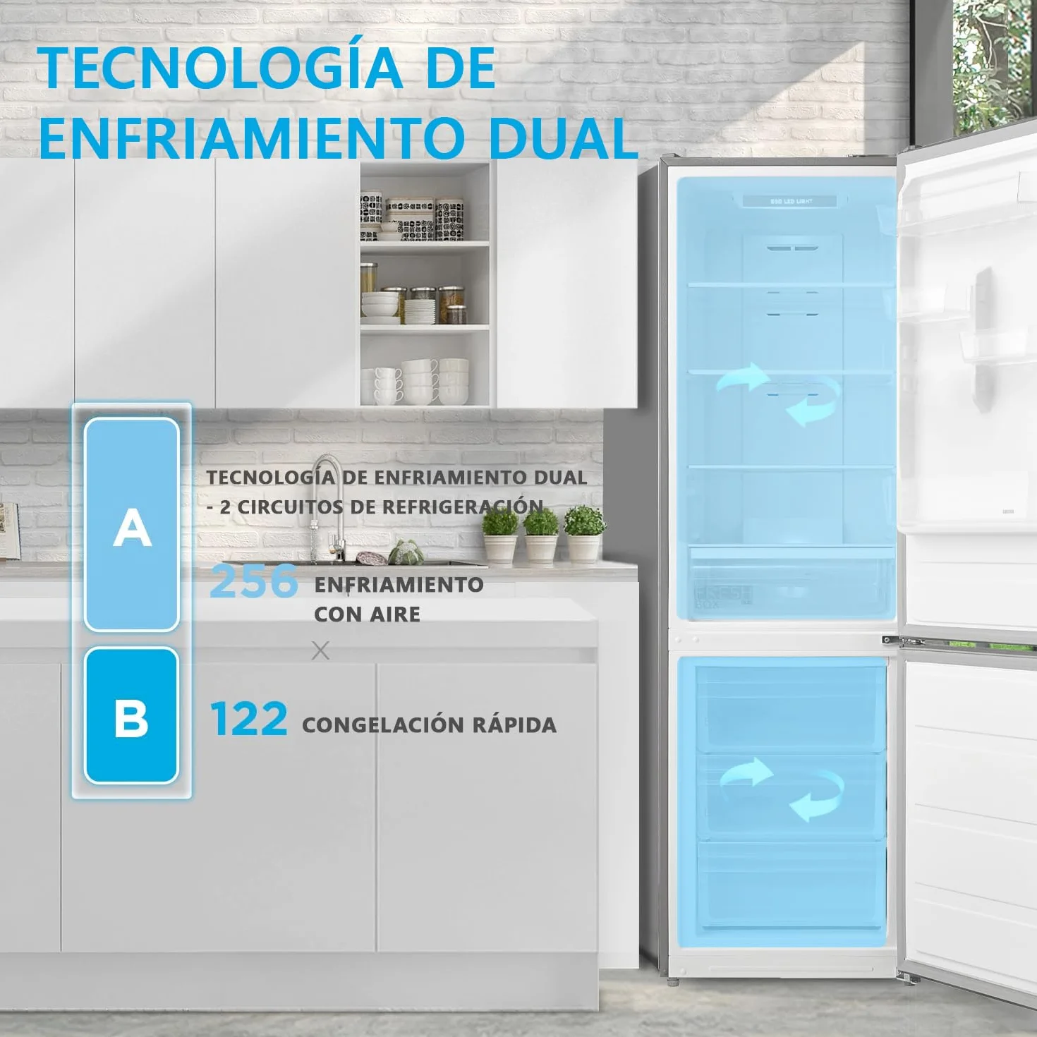 Midea Frigorífico Combi No Frost | 59,5 cm ancho x 201 alto cm | Inox | Nevera libre instalación 247 L + 83 L Congelador - Refrigerador de bajo consumo con congelador vertical