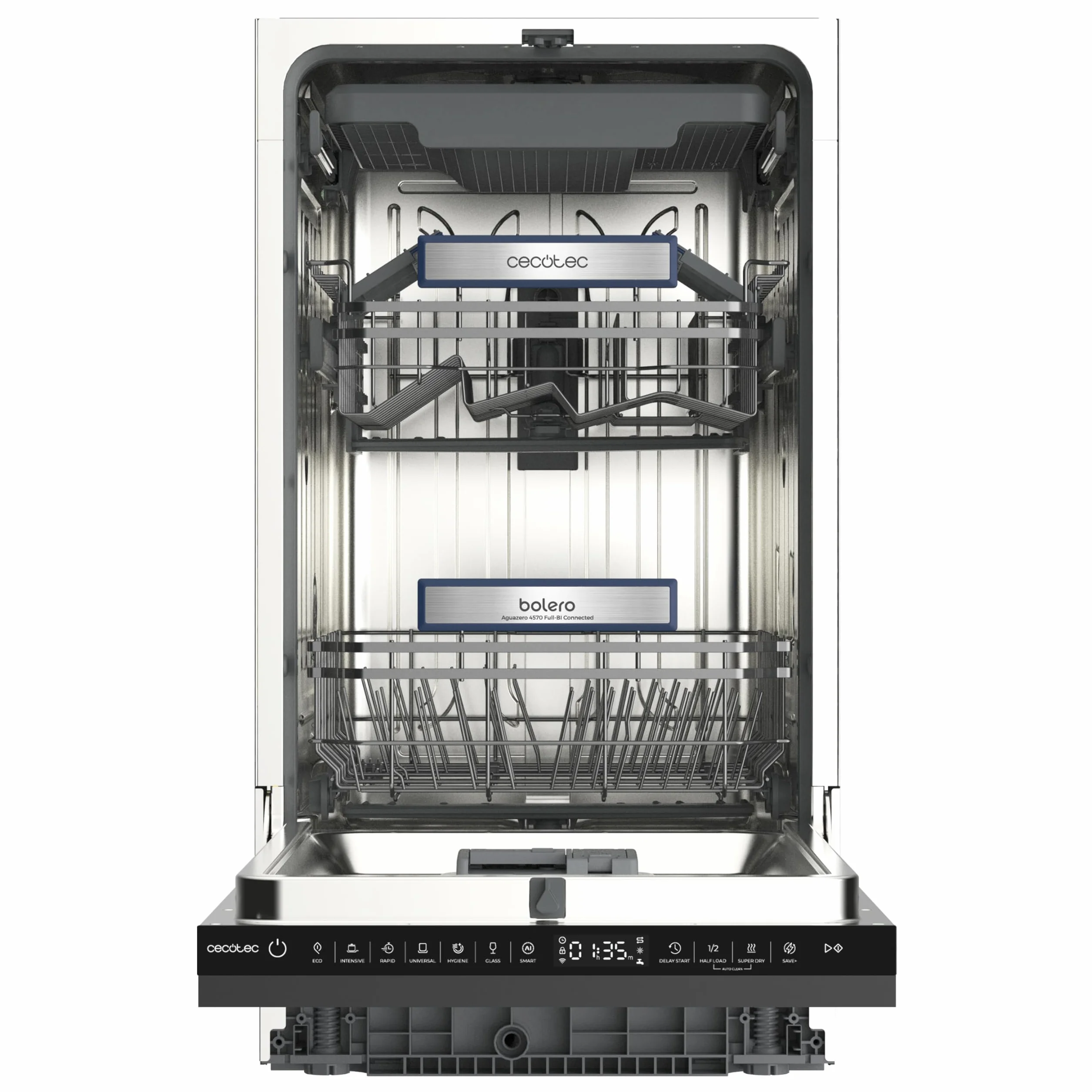 Cecotec Lavavajillas 45 cm Integrable Bolero Aguazero 45100 Full-BI Connected. 11 Cubiertos, 10 Programas, Inverter Plus Duo, Panel Táctil, WiFi, Smart Wash, O2Dry, Super Dry, FloorView Light