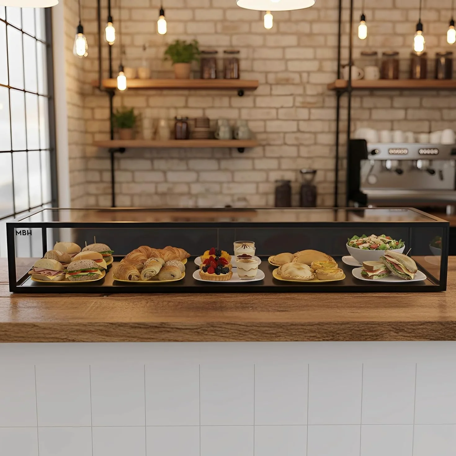 MBH - Vitrina Expositora Neutra de Sobremostrador 120x33 cm, Cristal Recto Templado, 1 Piso, sin Iluminación LED, Puertas Traseras Correderas, para Bar, Cafetería, Restaurante, Bollería y Repostería.