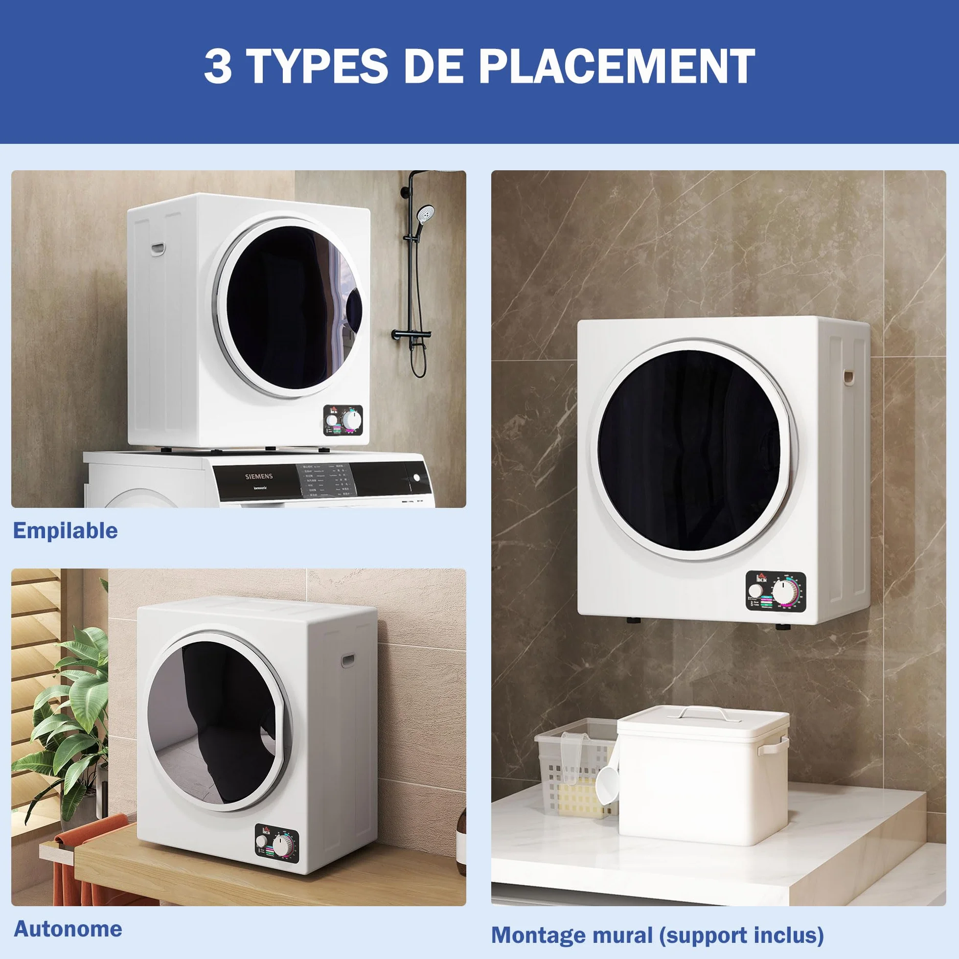 HOMCOM Secadora portátil con tubo de evacuación, secadora eléctrica 850 W, 4 Kg, 4 modos de secado, 2 niveles de calentamiento, tambor de acero inoxidable, instalación en pared, para apartamento