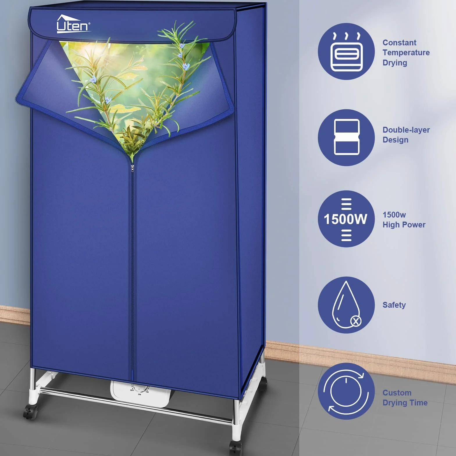 Uten Secador de Ropa Portátil Armario de Secado 1500W Doble Capa Apilable
