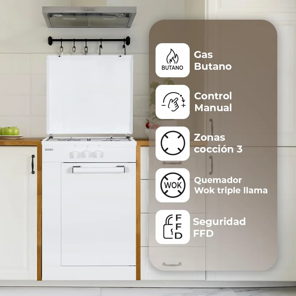 Svan Cocina de Gas Butano Blanco SKG3500PB. 3 Zonas de Cocinado, Quemador WOK triple llama, Compartimento Bombona, Kit Conversión Gas Natural, Acabado en Esmalte Blanco