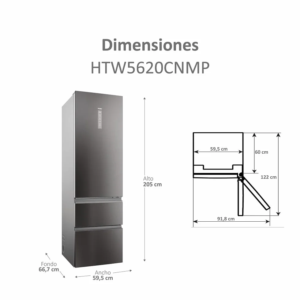 Haier 3D 60 Series 5 HTW5620CNMP - Frigorífico Combi, Cajones Direct Access, WIFI, Botellero, Motor Inverter, My Zone Pro, Humidity Zone, Total No Frost, AnxAl 59,5x205cm, 414L, Luz LED, Inox oscuro