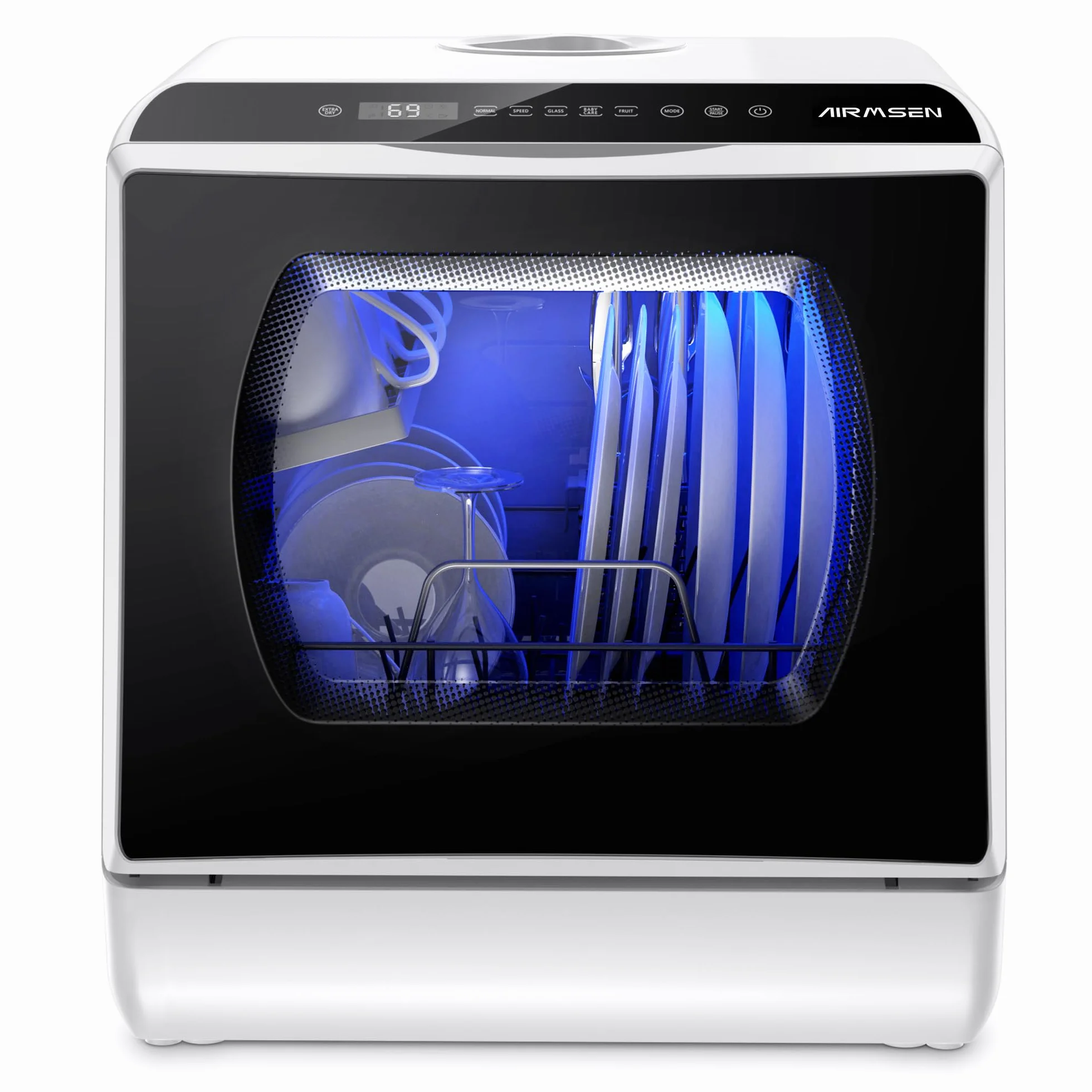 AIRMSEN Mini Lavavajillas de Sobremesa con 5+1 Programas, Depósito de 5 Litros, 2 Formas de Suministro de Agua, Control Táctil y Pantalla LED, Ideal para Cocinas Familiares, Apartamentos y Dormitorios
