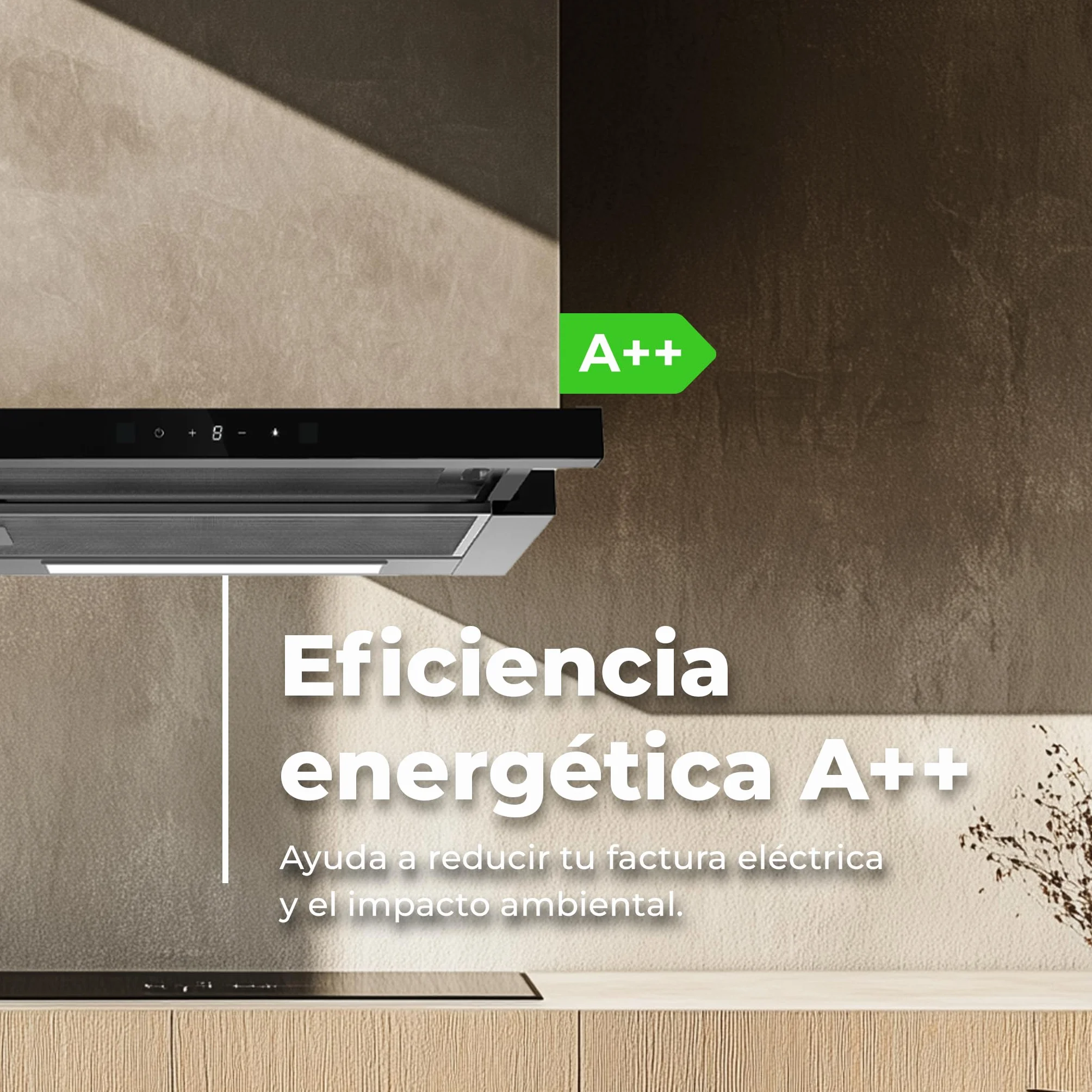 EVVO Campana Extractora 60 cm Telescópica, Potencia 550 m³/h, Luz LED, Filtro Aluminio y Carbon, Control Gestual, Acabado Inox Frontal Cristal Negro, Eficiencia Energética A++, 3 Velocidades