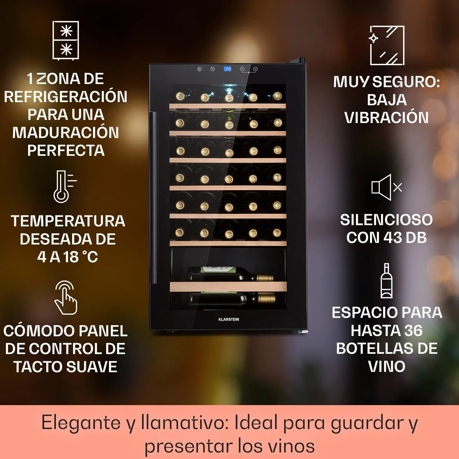 Klarstein Frigorífico para vino y bebidas, frigorífico estrecho de 1 zona, con puerta de cristal, refrigerador para bebidas independiente, frigorífico para vino pequeño, refrigerador de vino con
