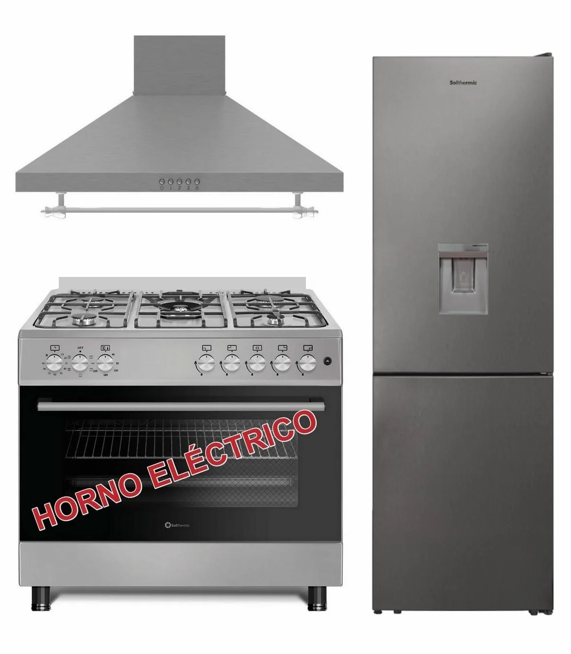 PACK INOX SOLTHERMIC F9L50E5RI COCINA GAS CON HORNO ELECTRICO 90 CM 5 FUEGOS HORNO PANORAMICO 115 L FRIGO COMBI 1,85 NO FROST DISPENSADOR CAMPANA 90