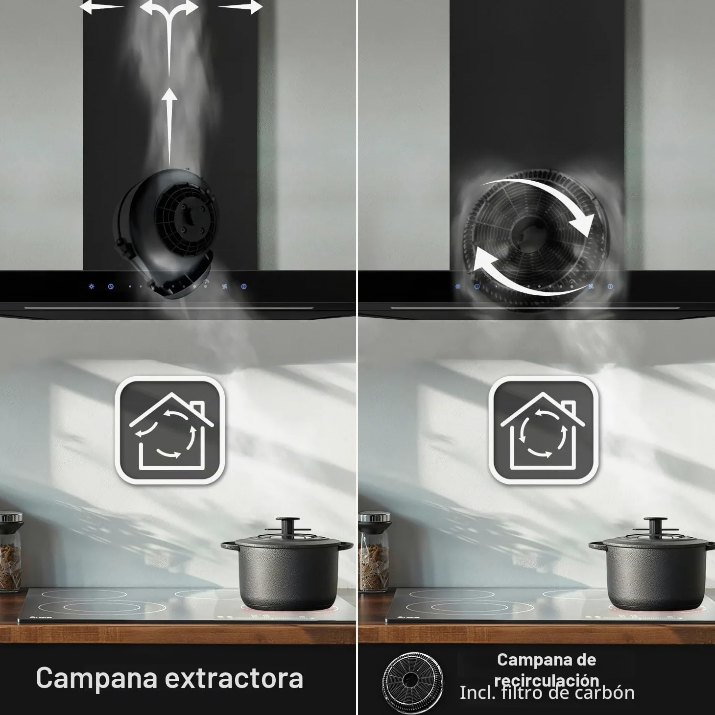 KKT KOLBE Campana Extractora 90 cm | Campana de Pared | acero inoxidable | vidrio negro | WiFi | apagado automático | Funcionamiento táctil | FLAT9006S | aire de escape y circulación, acero inoxidable y vidrio negro, control táctil sensor, wifi, marcha tr