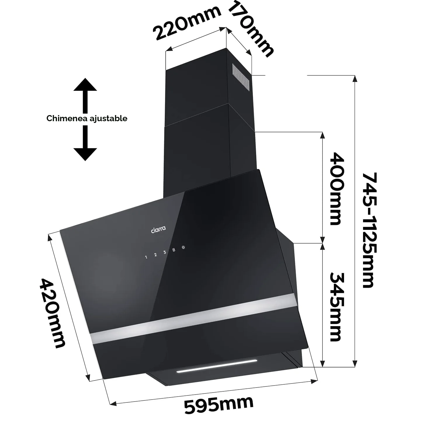 CIARRA CBCB6736H Campana Extractora de Pared 60cm Clase A+++ WIFI | 683m³/h 3 Velocidades Evacuación al Exterior y Recirculación Interna por Filtro de Carbón CBCF003 Luz LED