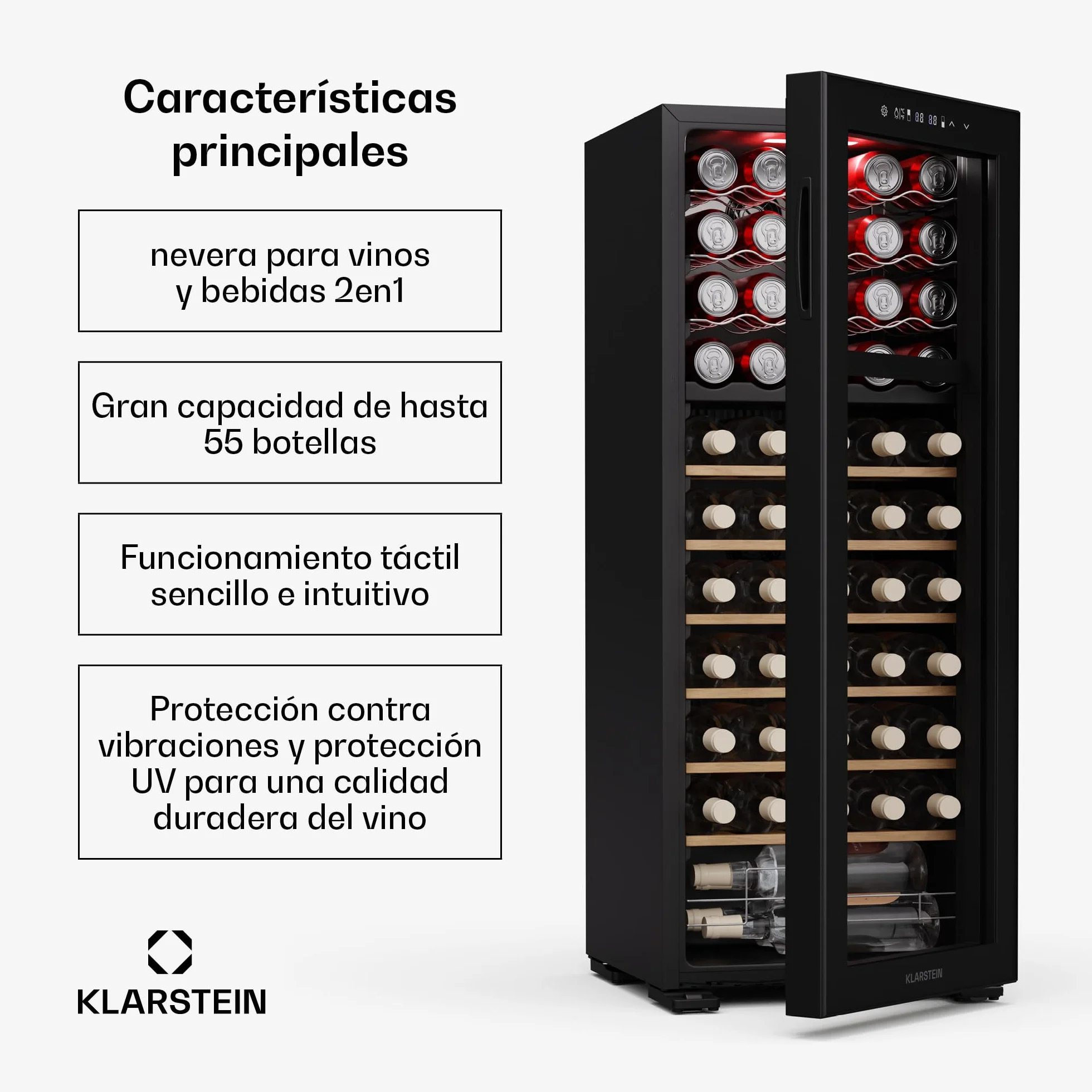 Klarstein Bovella 55 duo+ vinoteca - 55 botellas, 2 zonas, 5-18°c, control táctil, iluminación led, protección uv, independiente, nevera vinos