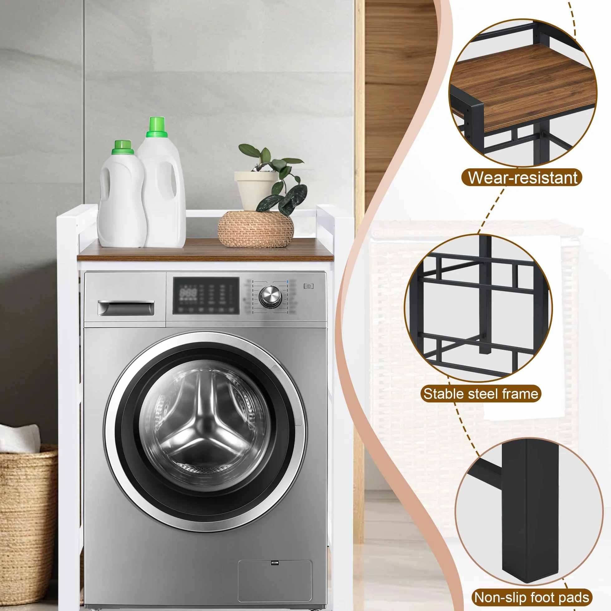 Mueble para Lavadora, Mueble para Lavadora y Secadora - Carga 350kg, Soporte Secadora Sobre Lavadoras - Ajuste de Altura de 3 Niveles, Armario Lavadoras Secadoras para Baño Balcón Lavandería (Blanco)