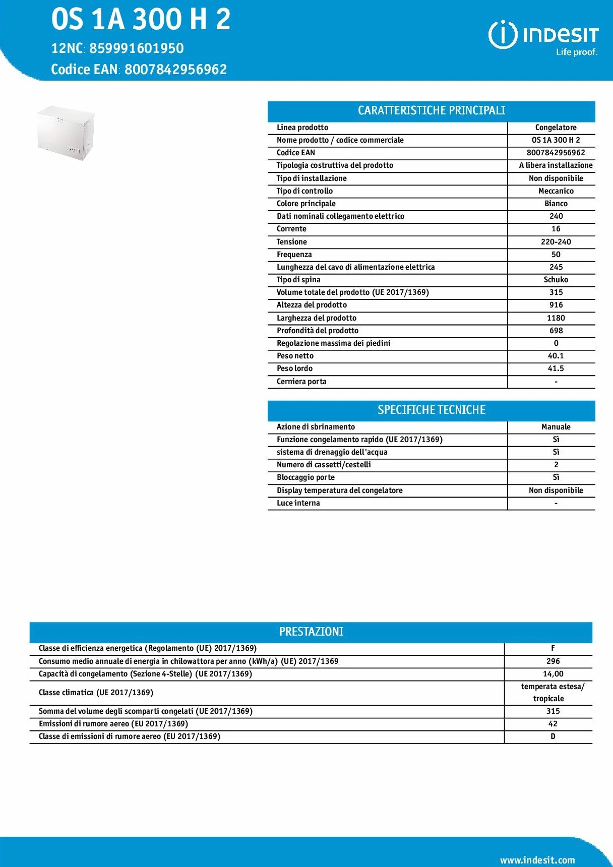 Congelador Horizontal - Indesit OS 1A 300 H2, Capacidad 311 litros, Clase A+, Blanco