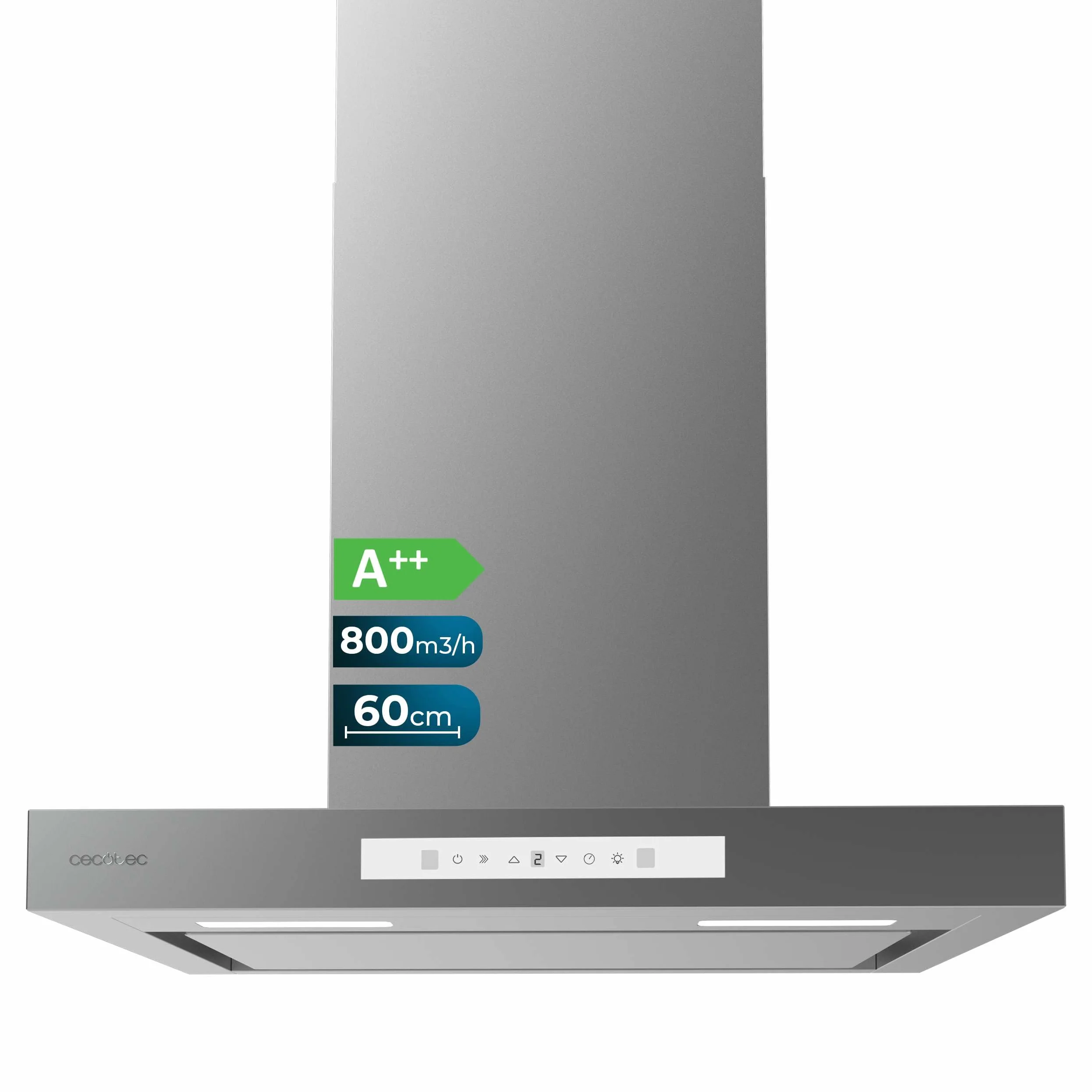 Cecotec Campana Extractora 60cm Tipo T Bolero Flux Tt 608000 Slim Glass White A++. Acabado Acero Inox Succión 800M3/H, Bajo Consumo, Display Táctil, Filtro Carbono, Hand Movement Control