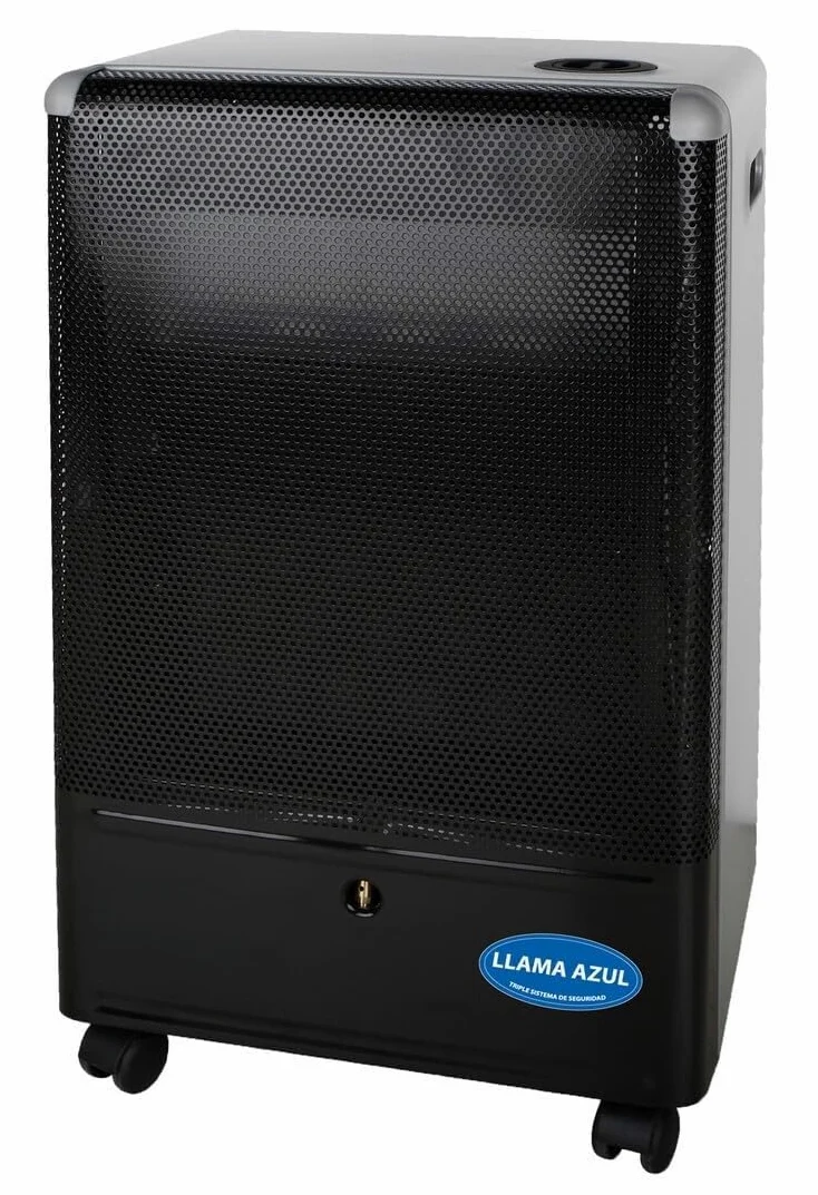 Estufa de gas llama azul, alta eficiencia, fácil encendido, regulación de temperatura, ideal para calefacción en espacios reducidos.