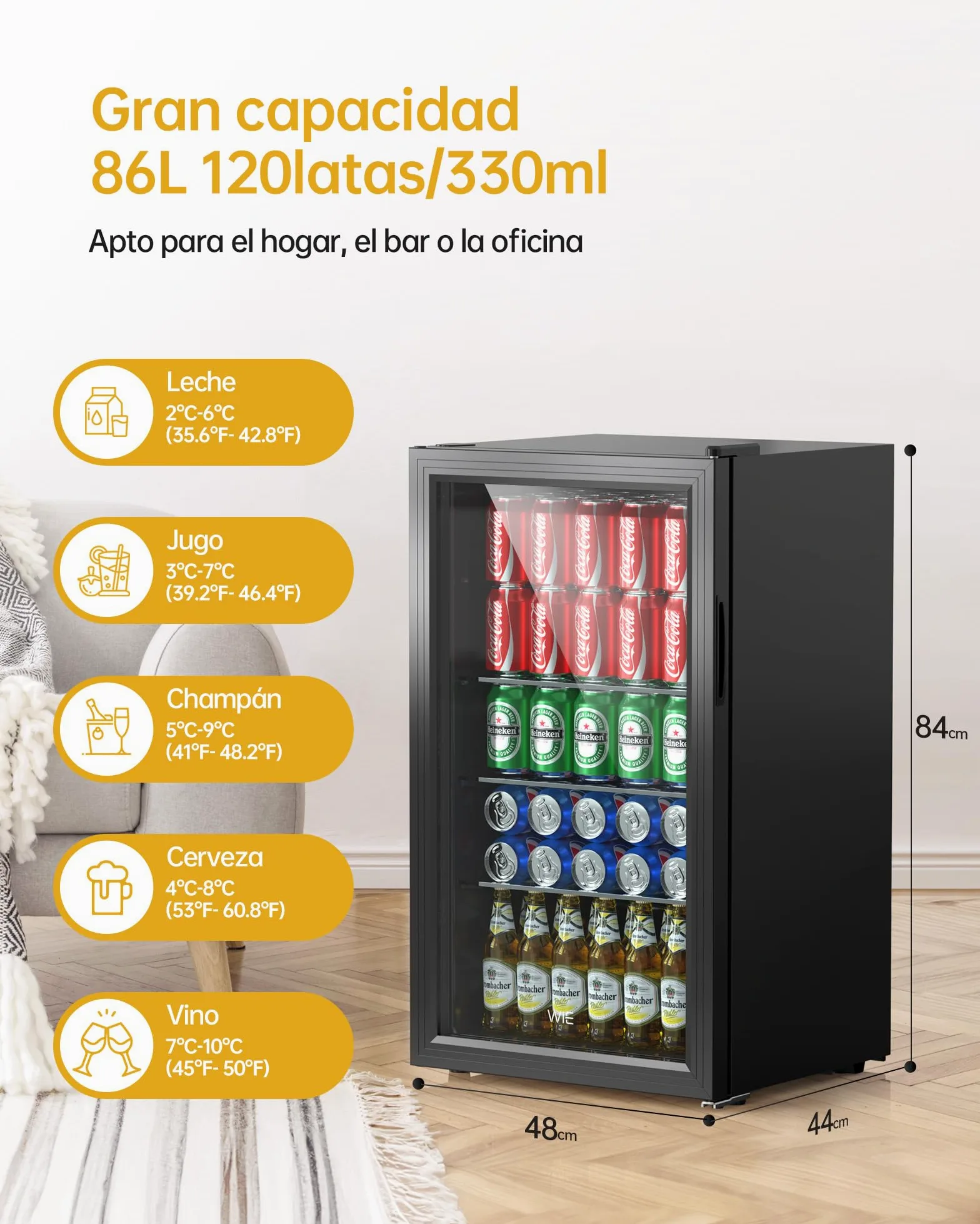 WIE Nevera Pequeña, Refrigerador de Bebidas con Puerta de Vidrio, 3 Estantes Ajustables, Control Inteligente, Puerta Reversible, Frigorificos Pequeños para Inicio/Bar/Oficina/Hotel (Negro 86L)