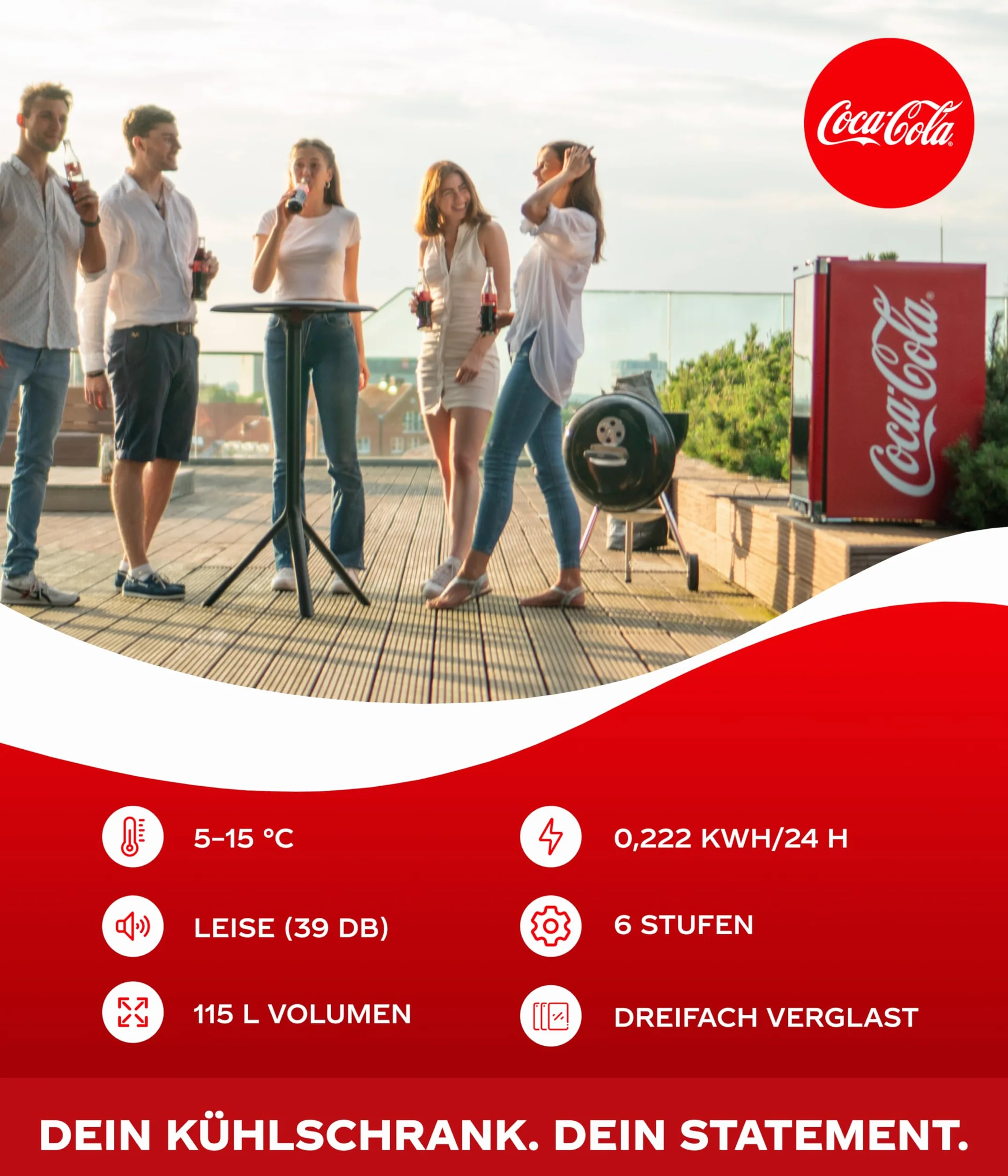 °CUBES Frigorífico Coca Cola de 115 l, refrigerador grande con puerta de cristal, perfecto para fiestas y comercios, eficiencia energética, 84,5 cm de alto, 104 kWh/año, nevera grande para botellas