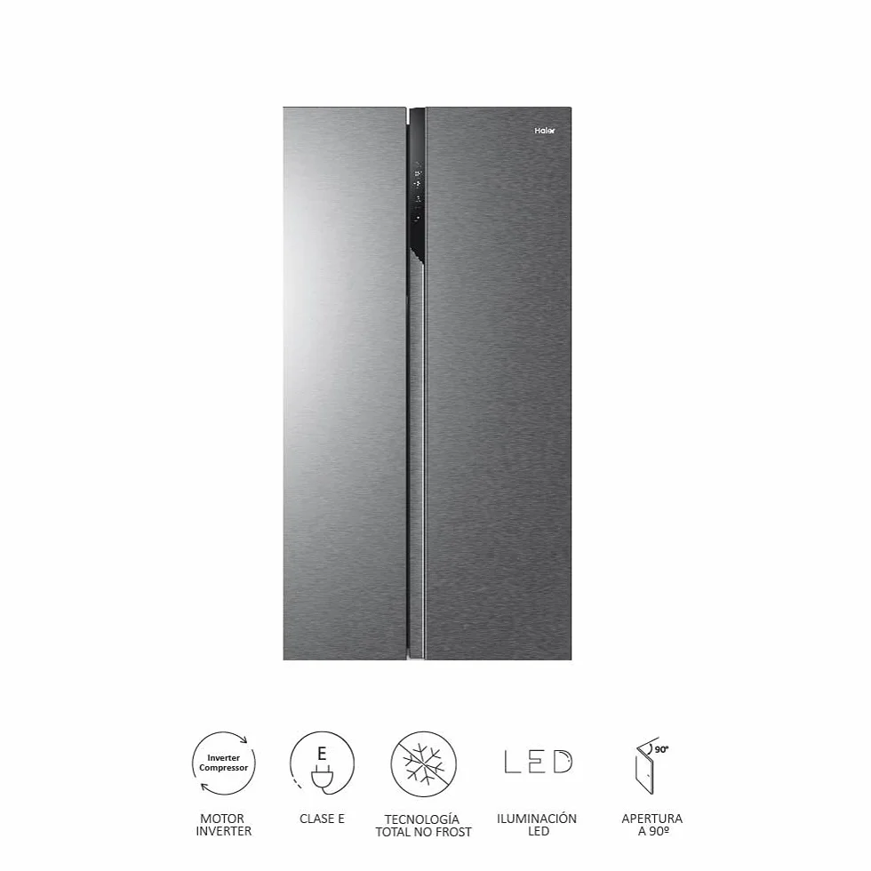 Haier SBS 90 Series 3 HSR3918ENPG - Frigorífico Side by Side, Americano, Apertura 90 grados, Tecnología Antibacterias, Capacidad XXL 528 L, Total No Frost, Clase E, Inox, Gris, 177,5 x 90,8 x 64,7 cm