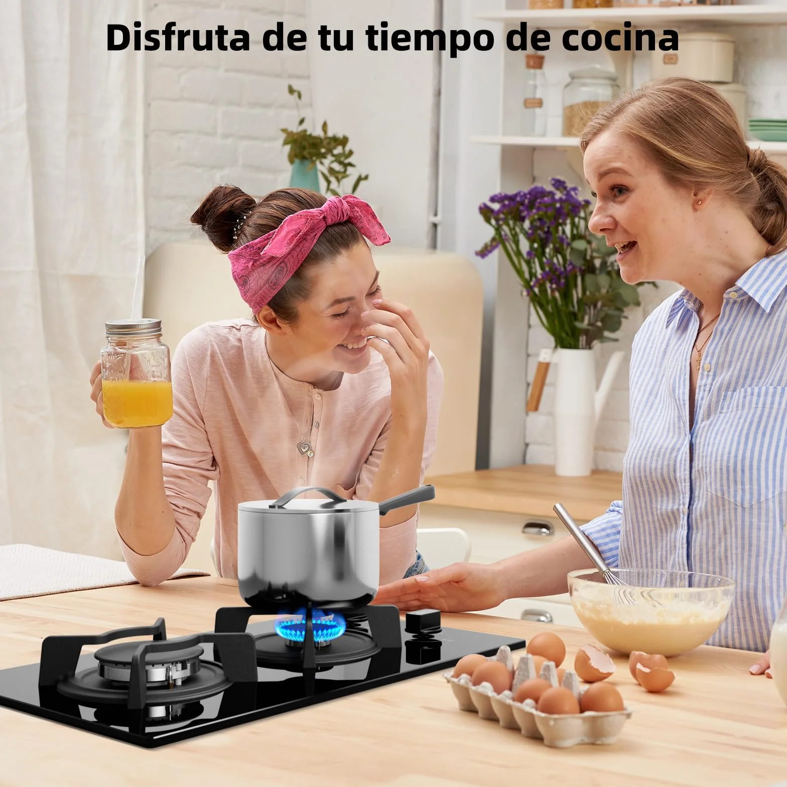 WEHIMO - Placa de cocina de gas de 2 fuegos, 2 fuegos empotrable, rejilla hierro fundido, 3700 W, gas ciudad y botella, cristal negro