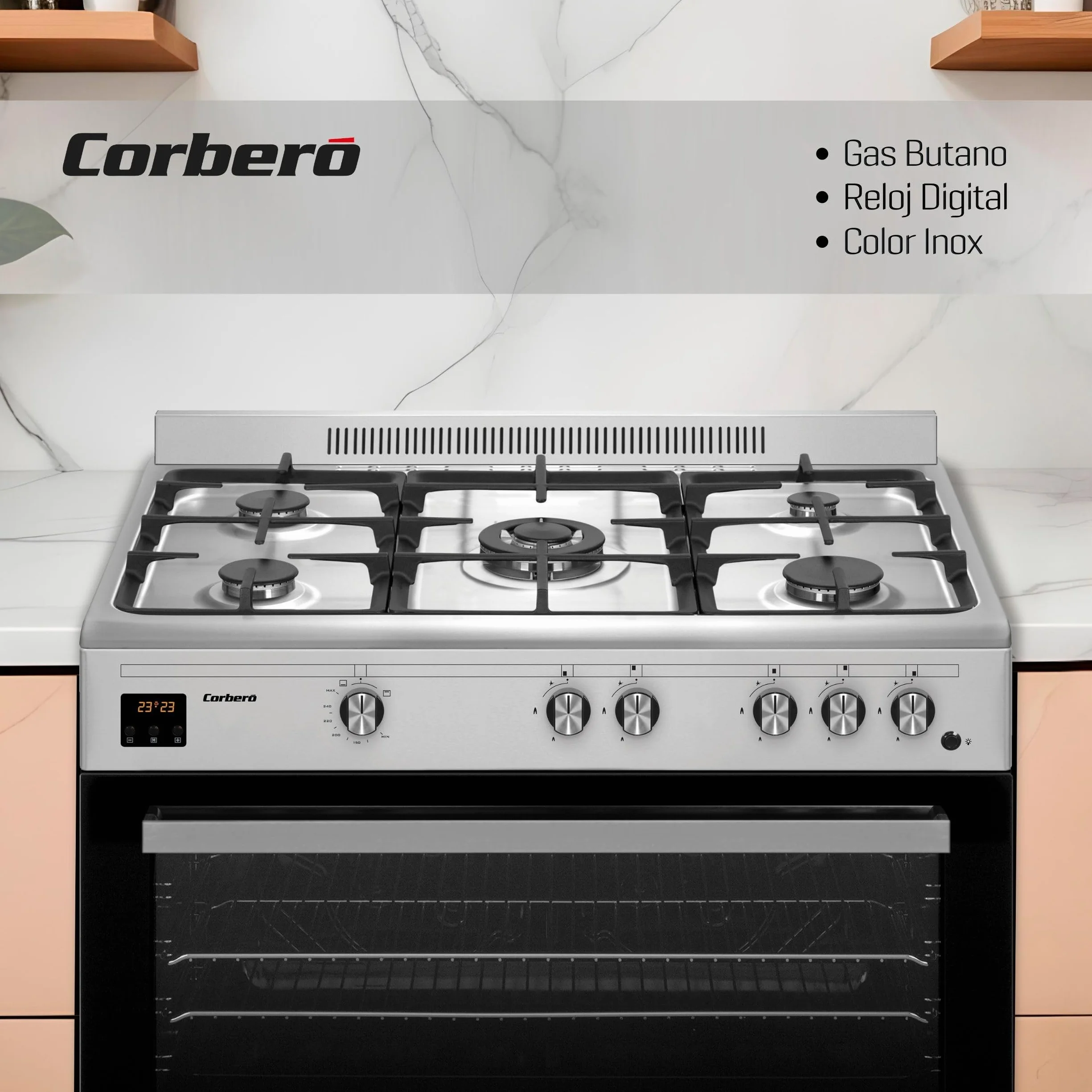 Corberó - Cocina de Gas Butano | CC900X | Horno 96L Panorámico | 5 Fuegos con Opción Wok | Autoencendido Integrado | Fácil Limpieza | Sin Tapa | Inox