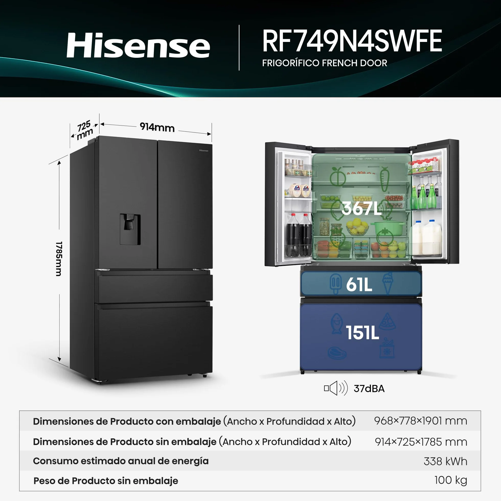 Hisense RF749N4SWFE - Frigorífico Americano Puerta Francesa Total No Frost, 579L,179cm, Metal-Tech Cooling, My Fresh Choice, Multi Airflow, Dispensador Agua con Depósito, Inverter, WiFi, Dark Inox