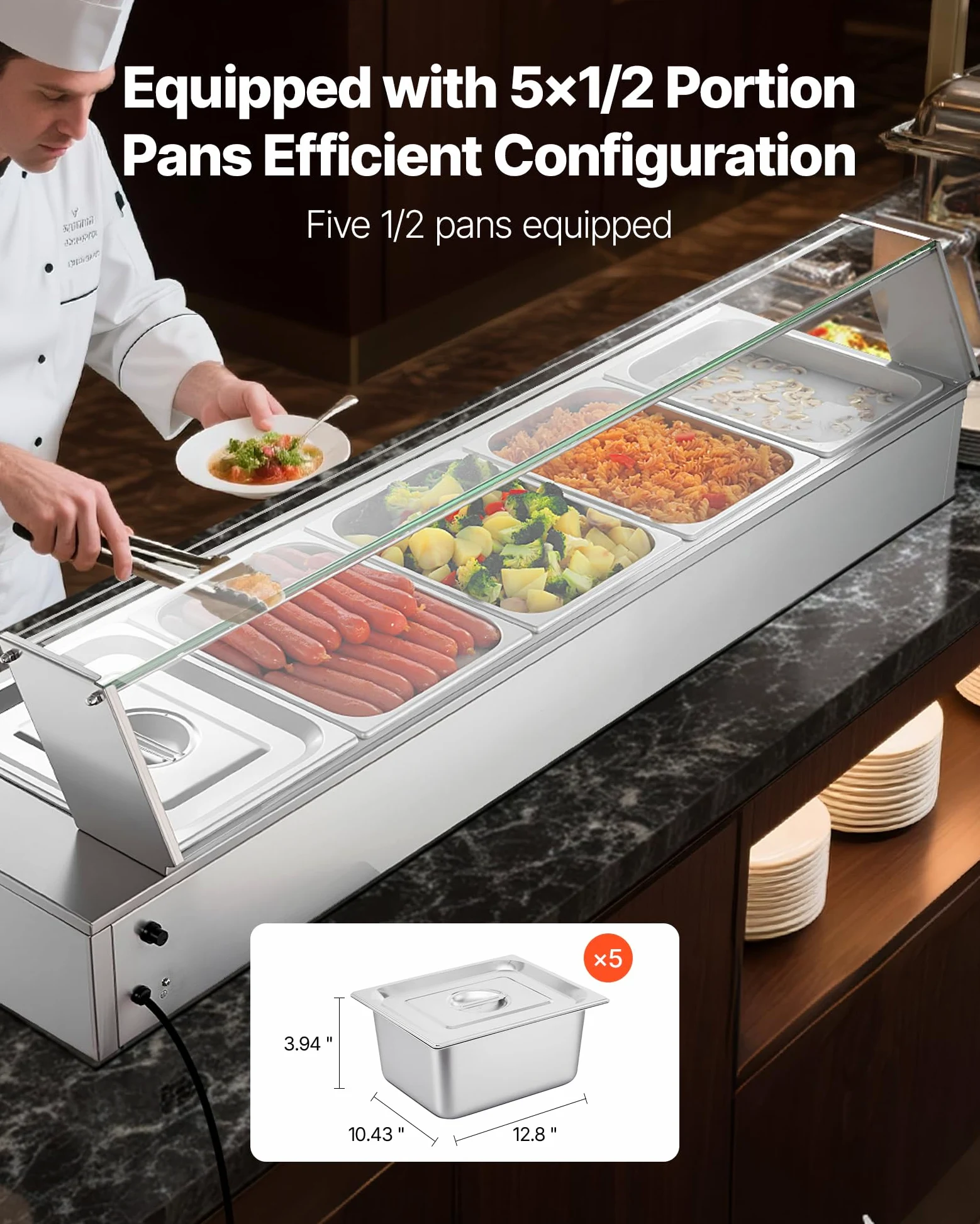 VEVOR Calentador de Alimentos Eléctrica, con Tapa de Vidrio y 5 Recipientes, 1,5 kW, de Acero Inoxidable, con Baño María, para Restaurantes, Fiestas y Bufés, 30-85 ℃, 1450 x 365 x 335 mm, Plata