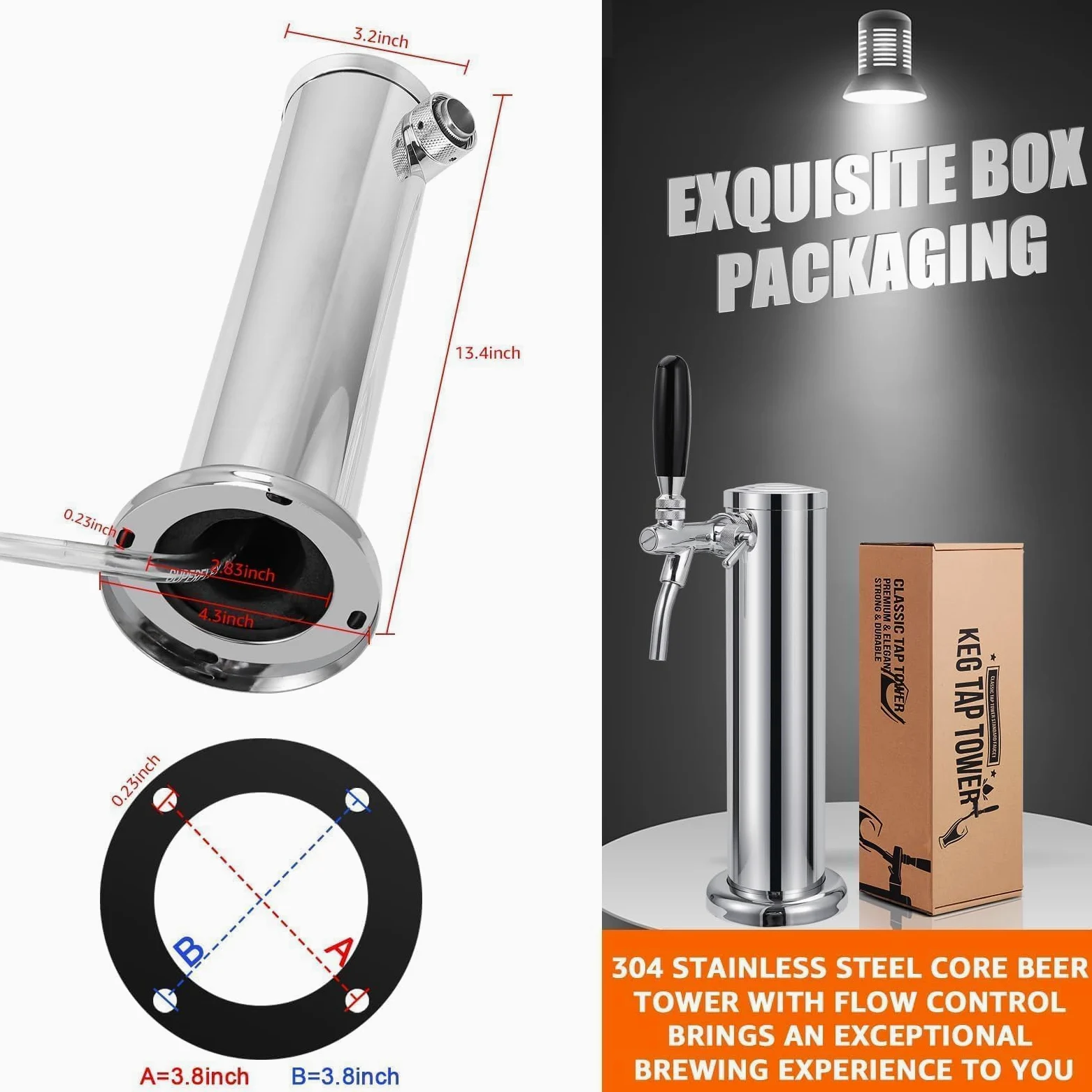 Torre Kegerator ajustable, piezas de Kegerator de un solo grifo | Control de flujo, grifo de cerveza de núcleo de acero inoxidable 304, incluye tubo premontado y resortes de cierre automático