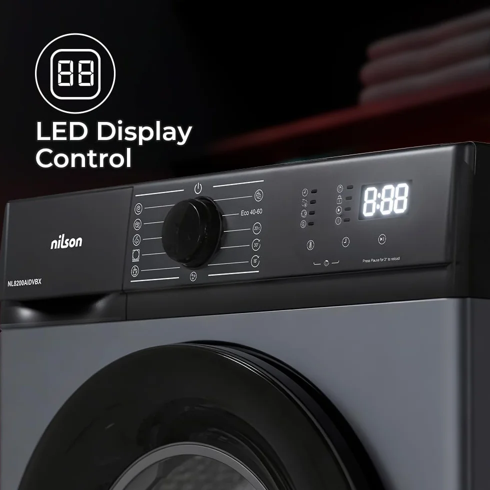 Nilson Lavadora 8Kg Carga Frontal Inox NL8200AIDVBX. 1200 rpm, Motor Inverter, 15 Programas, Eco-logic System, Tambor Acero Inoxidable, Clase de Eficiencia Energética A