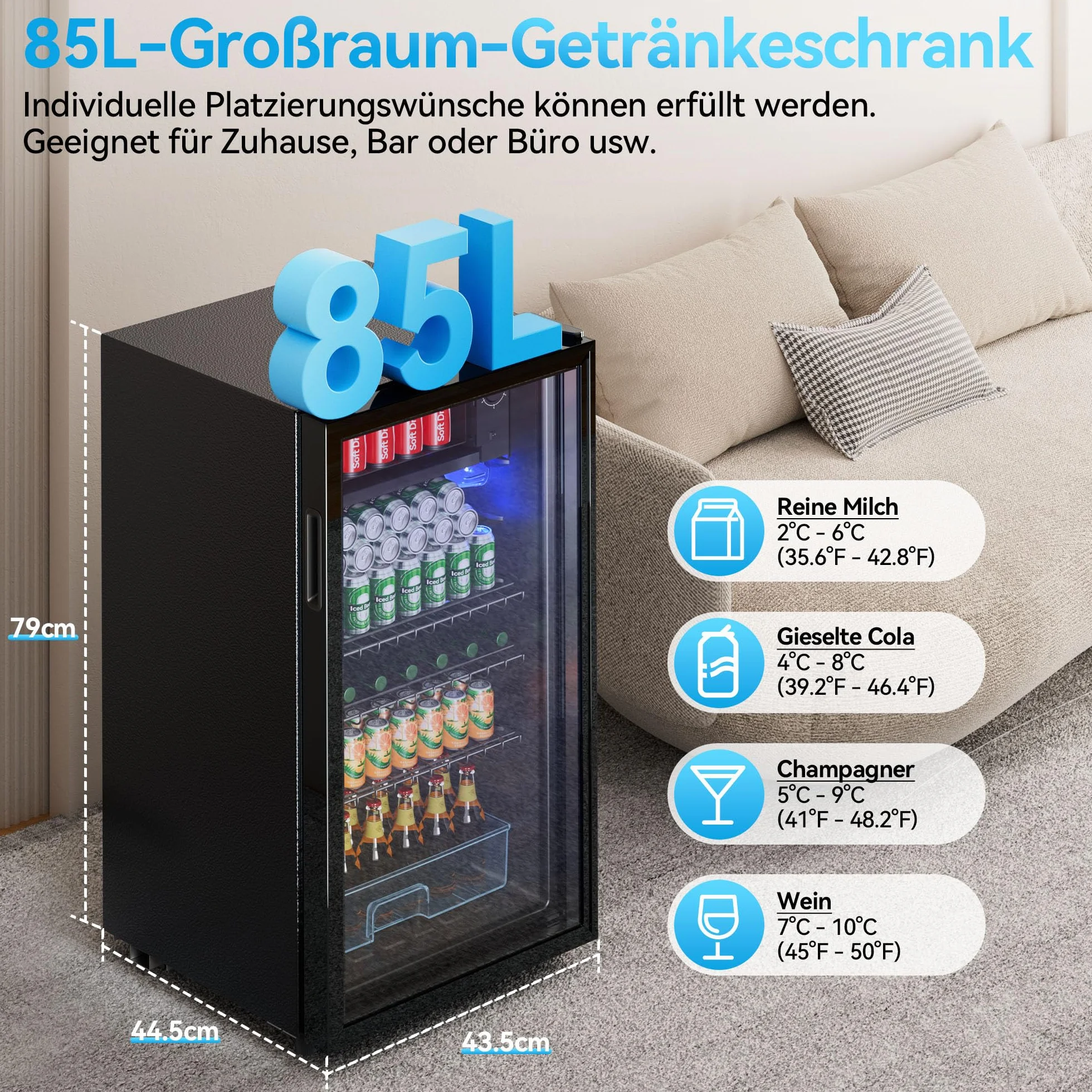 TRIUMPHKEY Nevera para Bebidas, Nevera Compacta de 85 Litros con Luces LED Azules, Nevera para Cerveza, Diseño de Puerta Completa de Cristal con 4 Estantes y Botelleros para Refrescos, Cerveza y Vino.