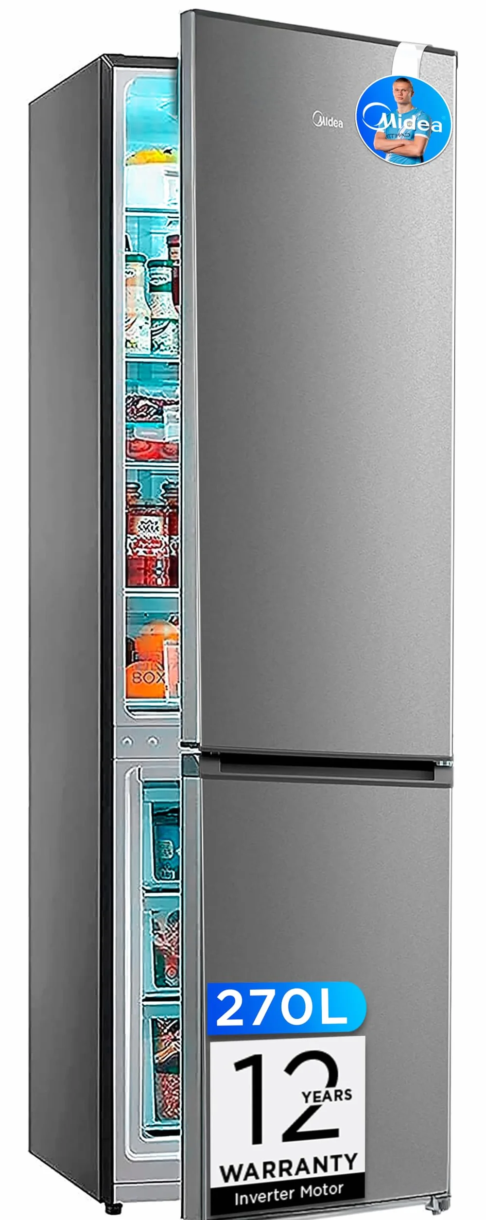 Midea Frigorifico Combi No Frost | 55 cm ancho x 180 cm | Inox | 270L de Capacidad - Nevera Libre Instalación con Congelador Vertical - Refrigerador de Bajo Consumo con Sistema Multi Air Flow